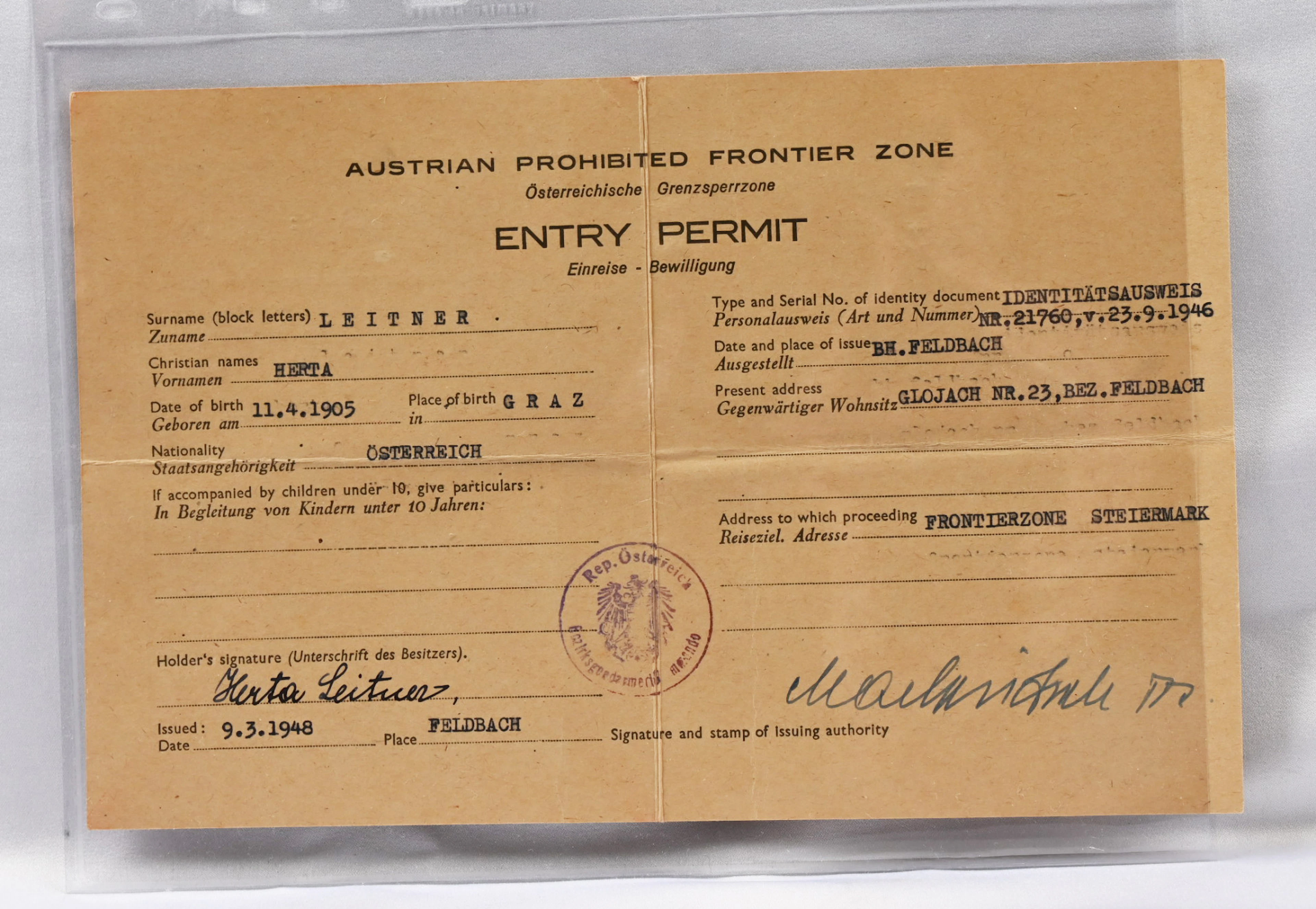 1948 rare entry permit to the border zone administered by the Allies.