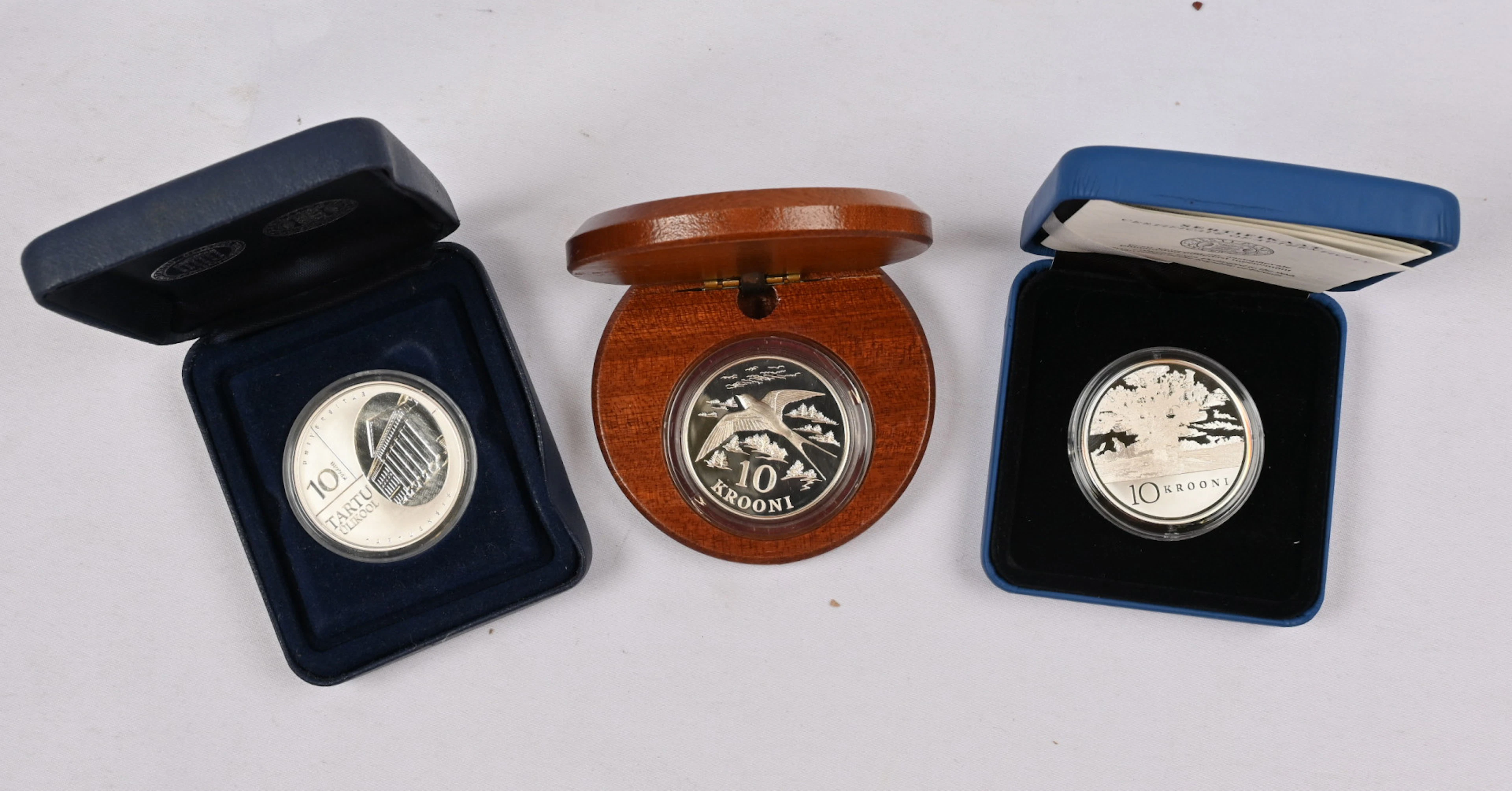 Estonia, three fine silver commemorative coins in boxes: 10 krooni