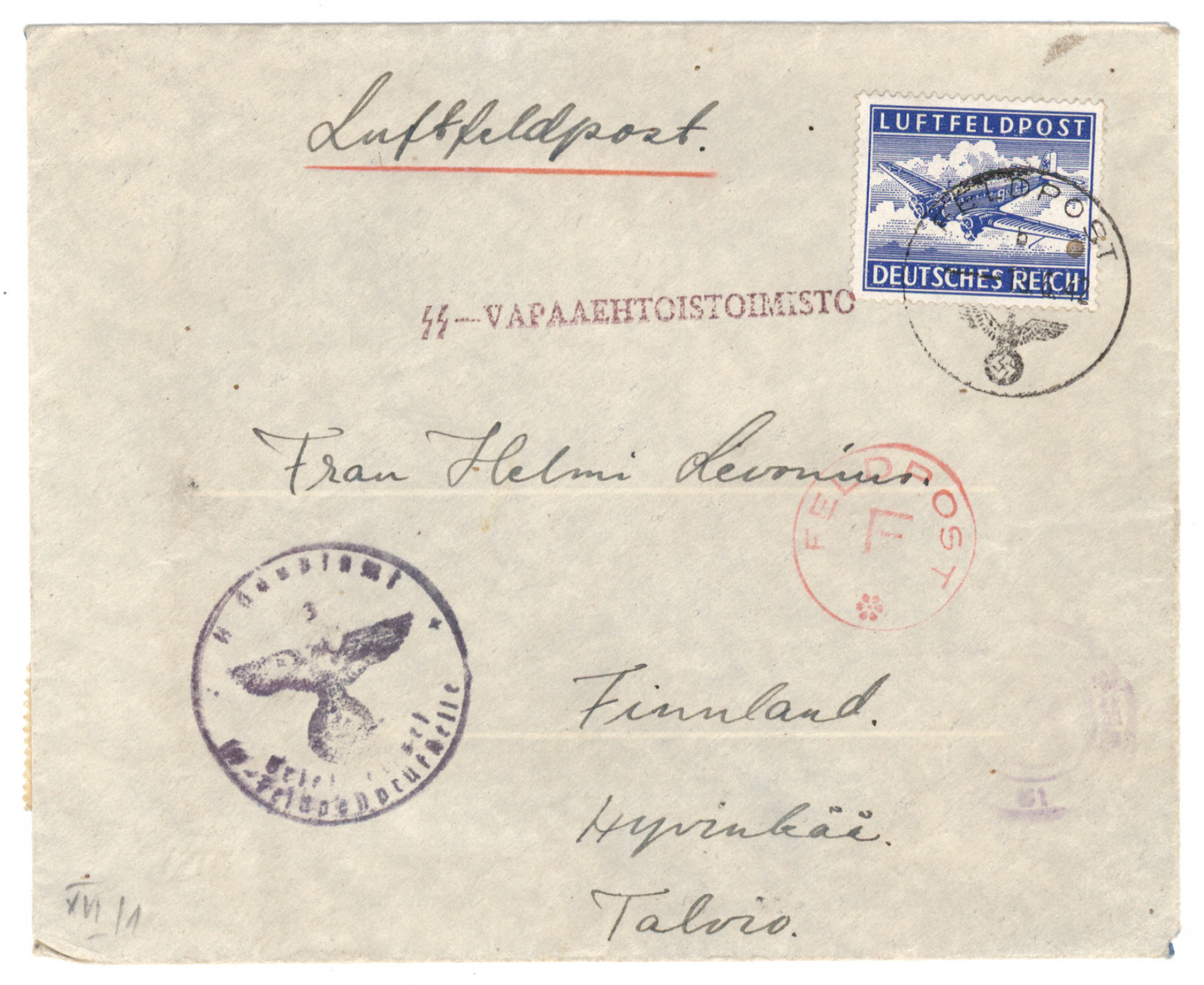 SS volunteer mail: letter to Finland with a Luftfeldpost stamp 19.6.1942