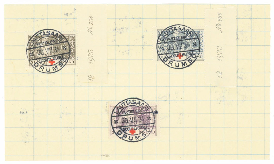 1934 set with superb cancellations Lauttasaari 1934 on a paper sheet.