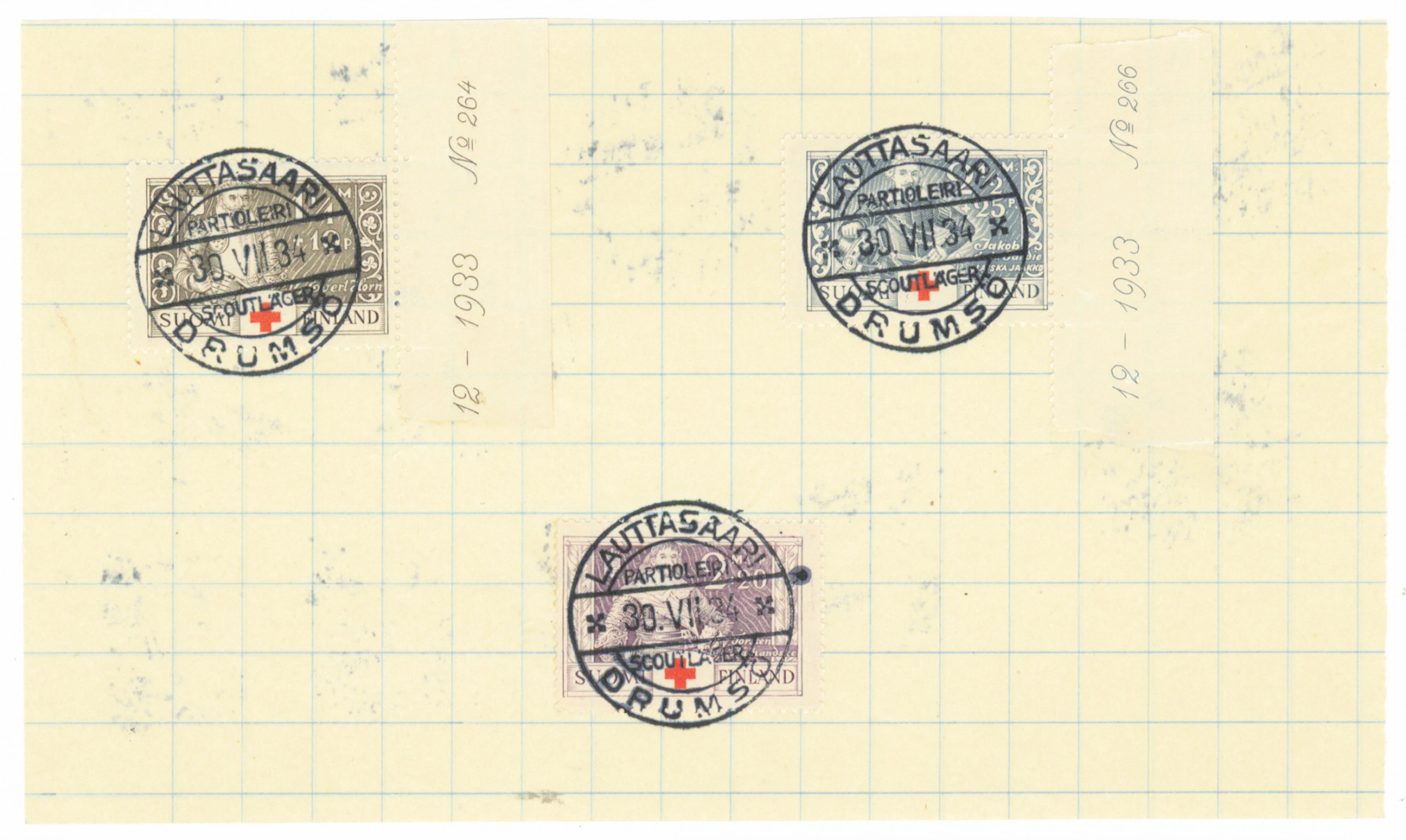 1934 set with superb cancellations Lauttasaari 1934 on a paper sheet.