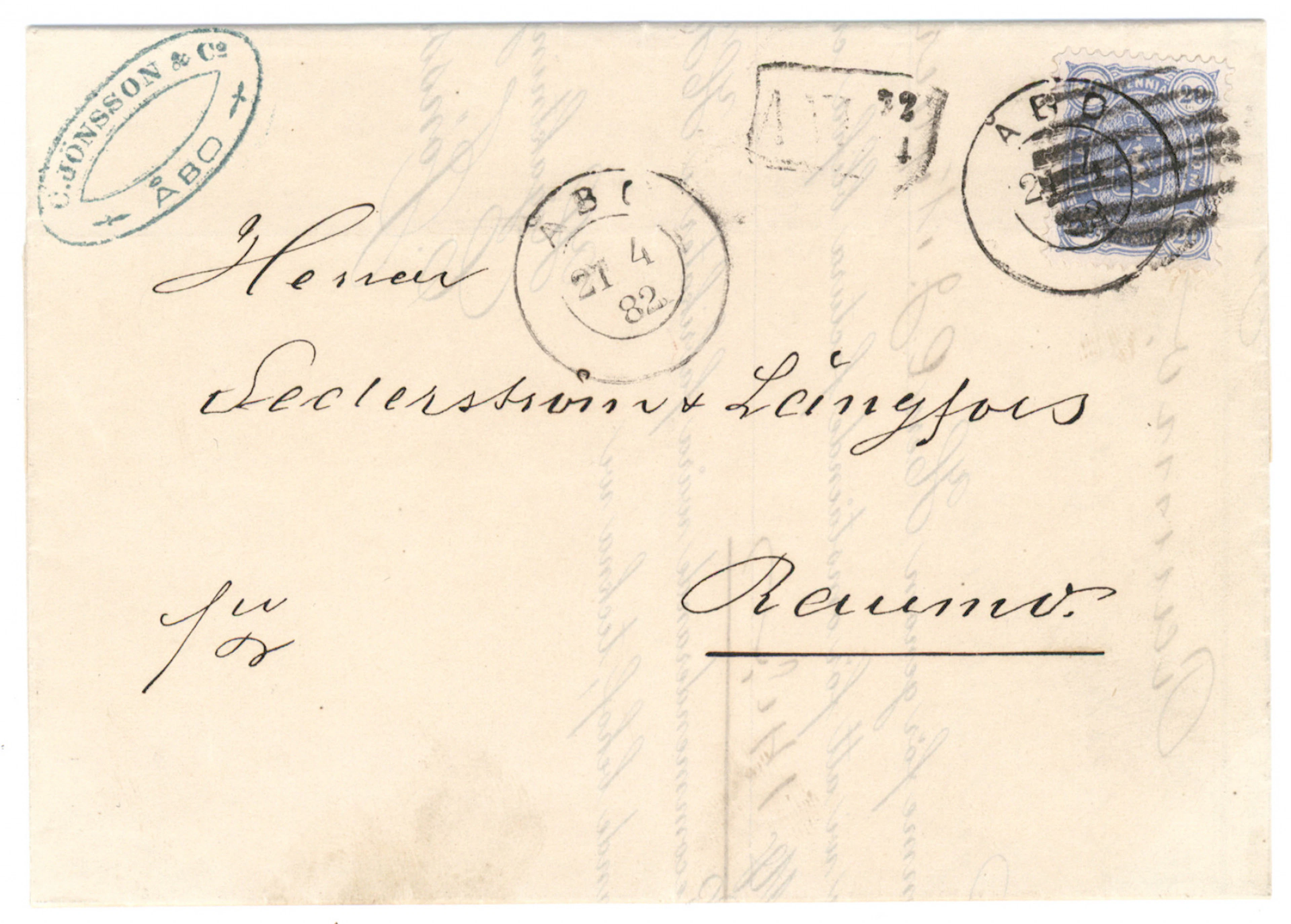 20 penni blue mixed perforation stamp on a beautiful cover Åbo 21.4.82