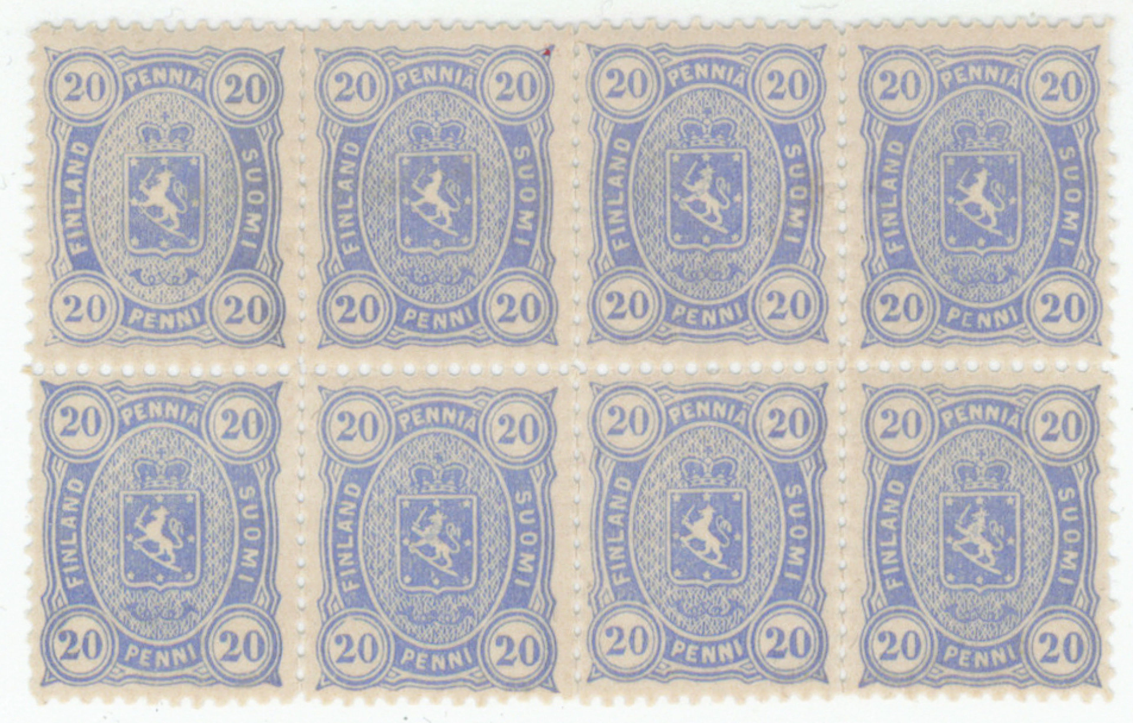 20 penni blue magnificent very fine mint ** block of eight stamps. (L. 15LBa).