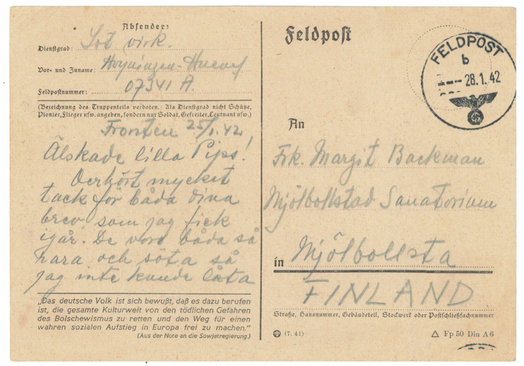 German field post in Finland: field post card from a military official