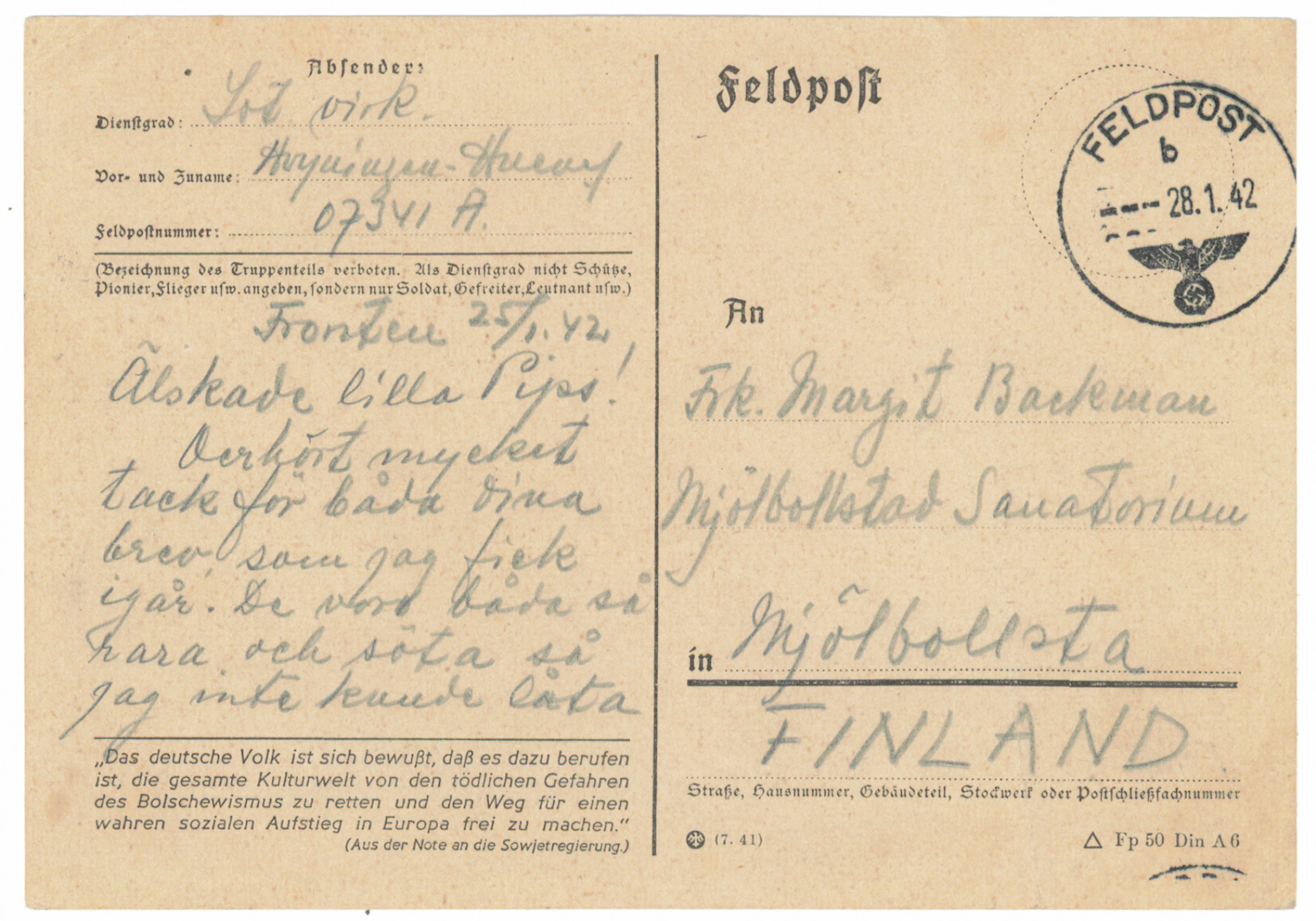 German field post in Finland: field post card from a military official
