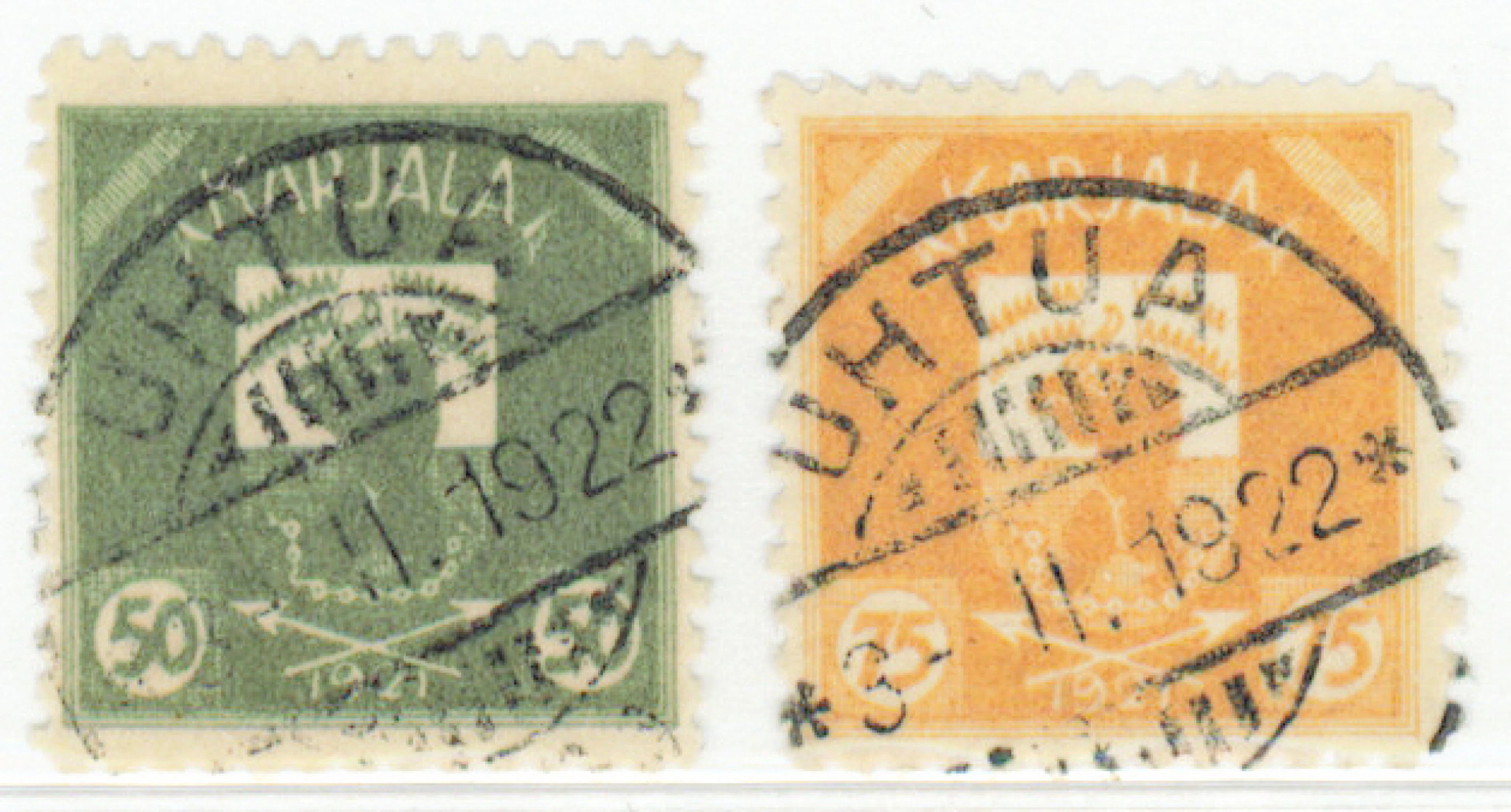 50 penni and 75 penni (with some small thin) very fine used Uhtua 1922