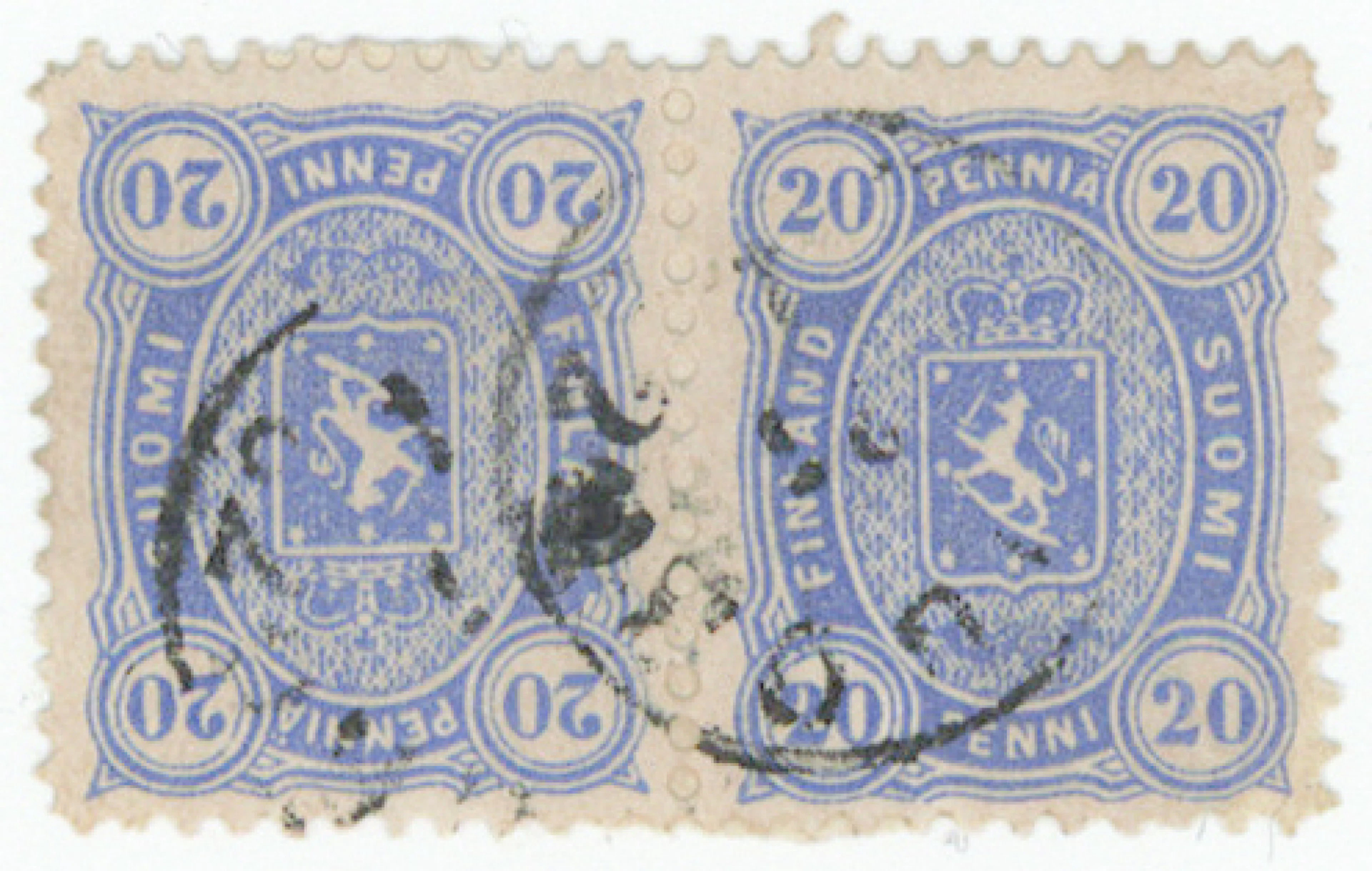 20 penni blue magnificent TÊTE-BÊCHE PAIR, plate positions 53 (tête-bêche)