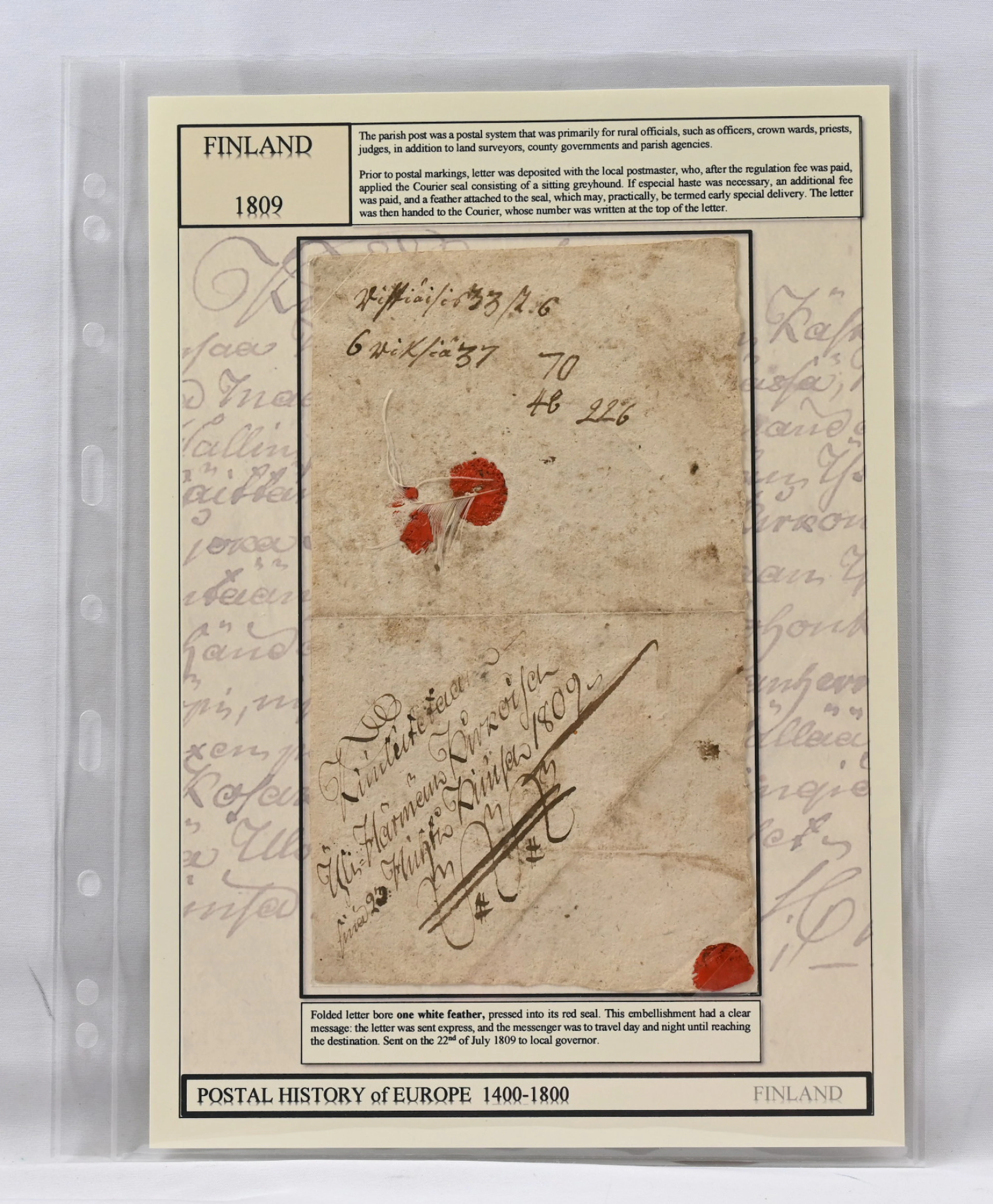 1809 fine letter with one feather (part of the feather missing) on