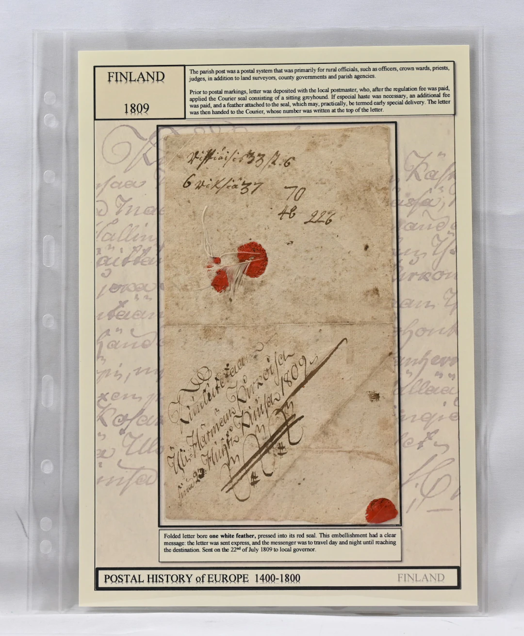 1809 fine letter with one feather (part of the feather missing) on