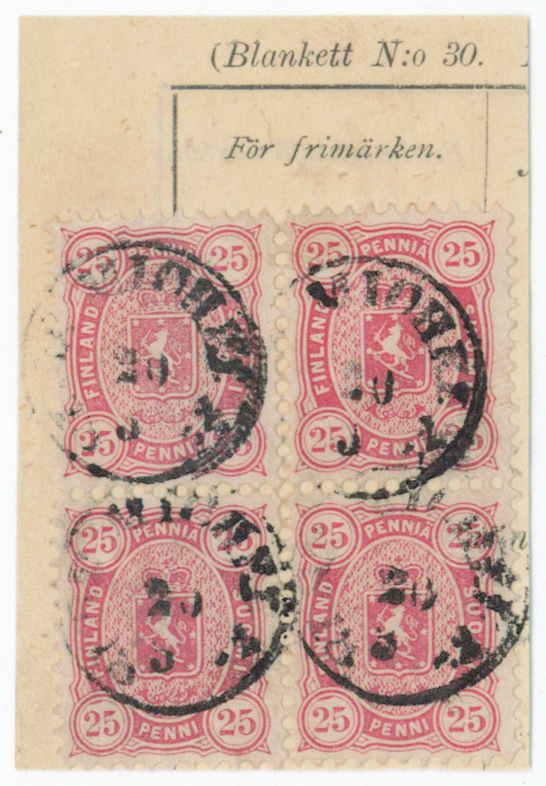 25 penni dull carmine block of four on a parcel card fragment, St.