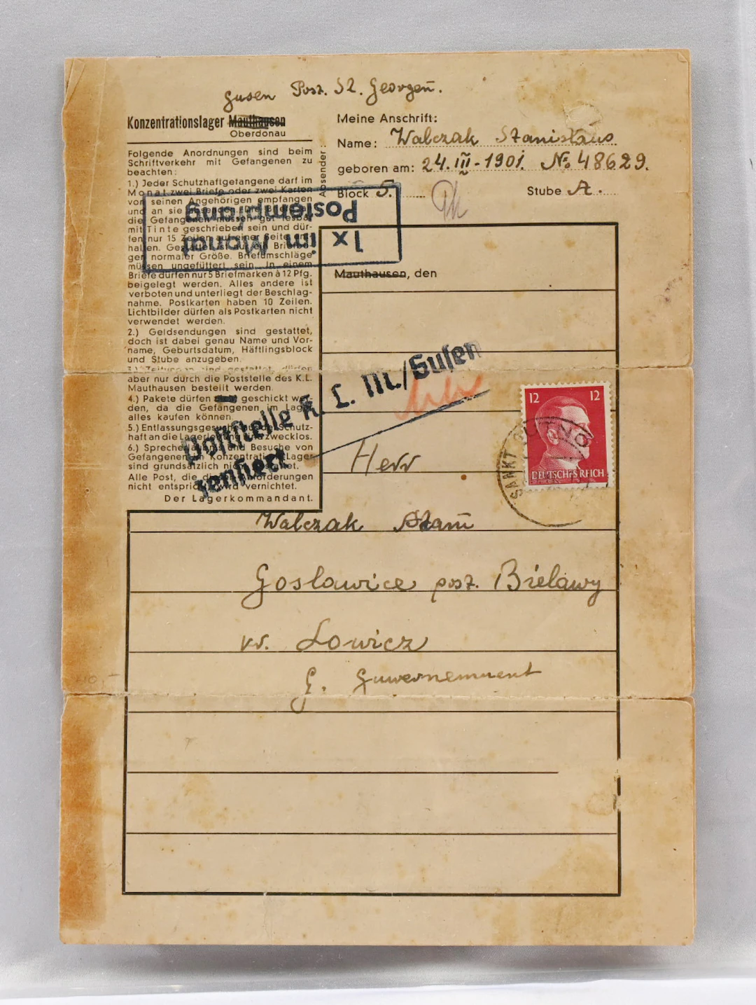 Concentration camp mail, four postal items and a commemorative postcard