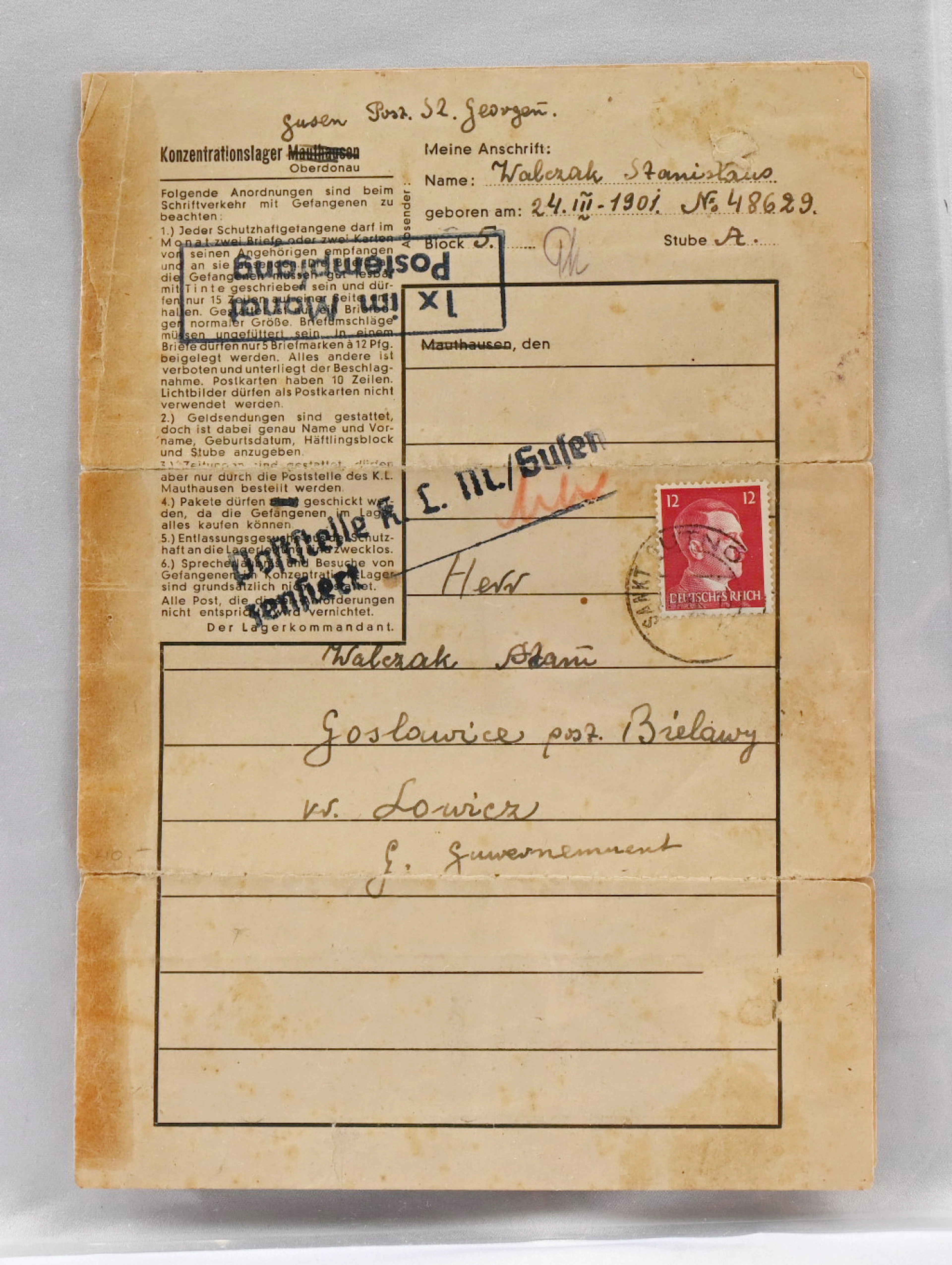Concentration camp mail, four postal items and a commemorative postcard