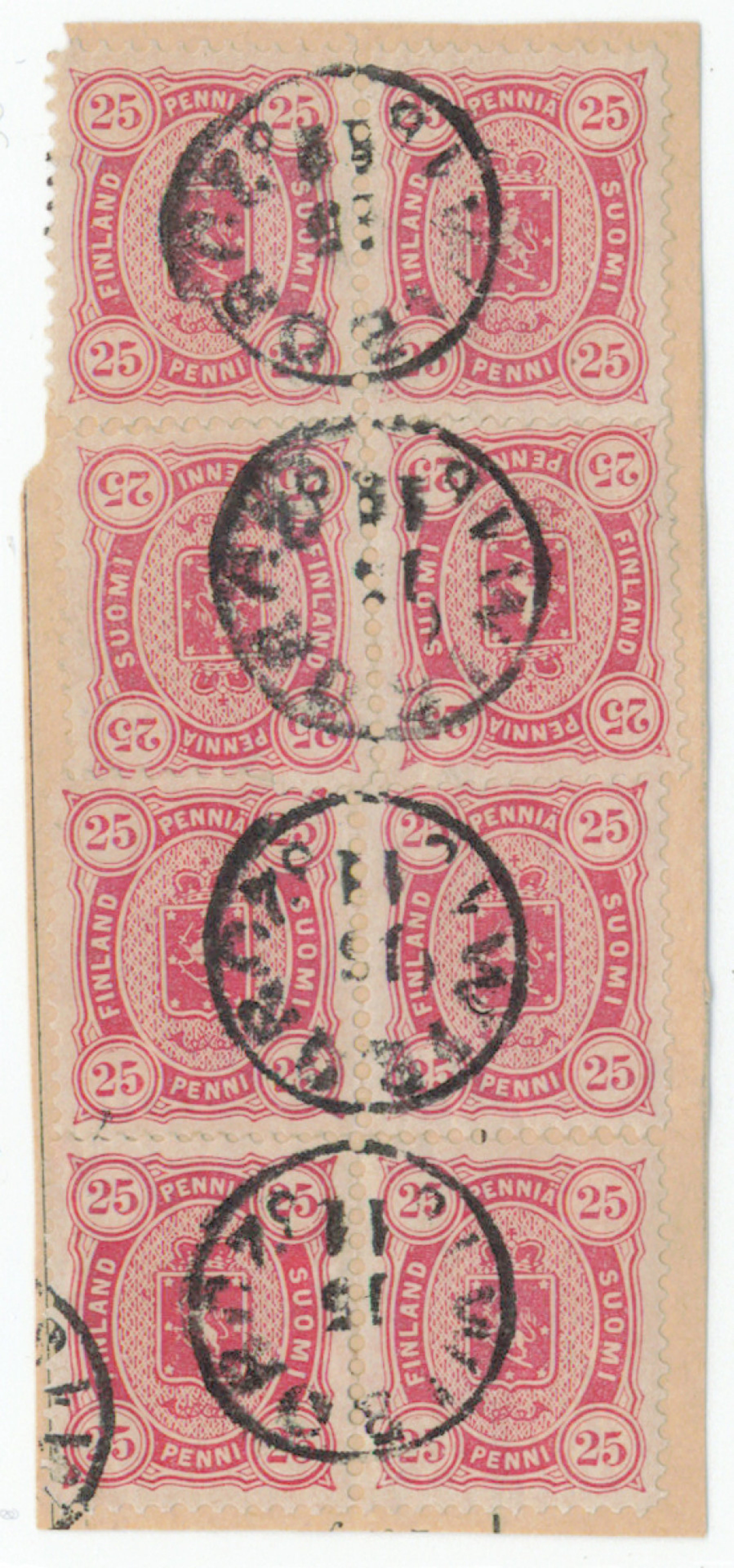 25 penni bright carmine, eight stamps (four pairs) on a beautiful