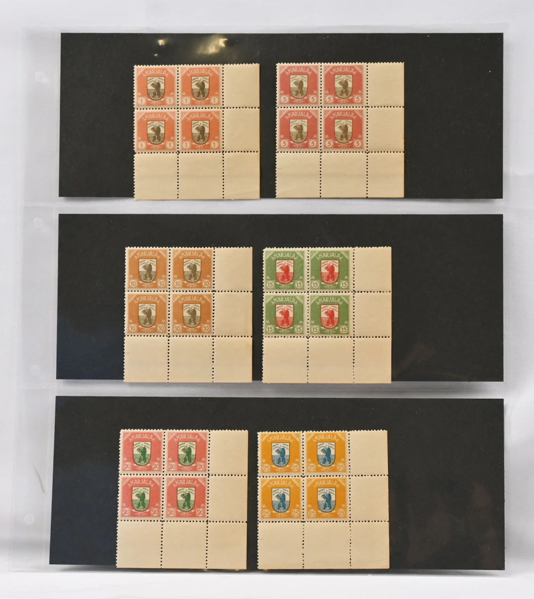 1 markka - 25 markka six different very fine mint ** blocks of four