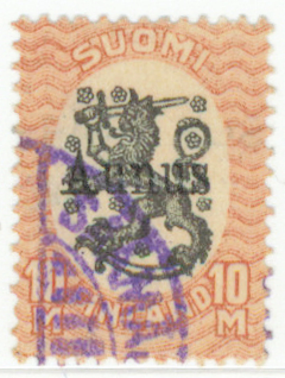 10 markka rare used with a violet Säämäjärvi Post Office cancellation.