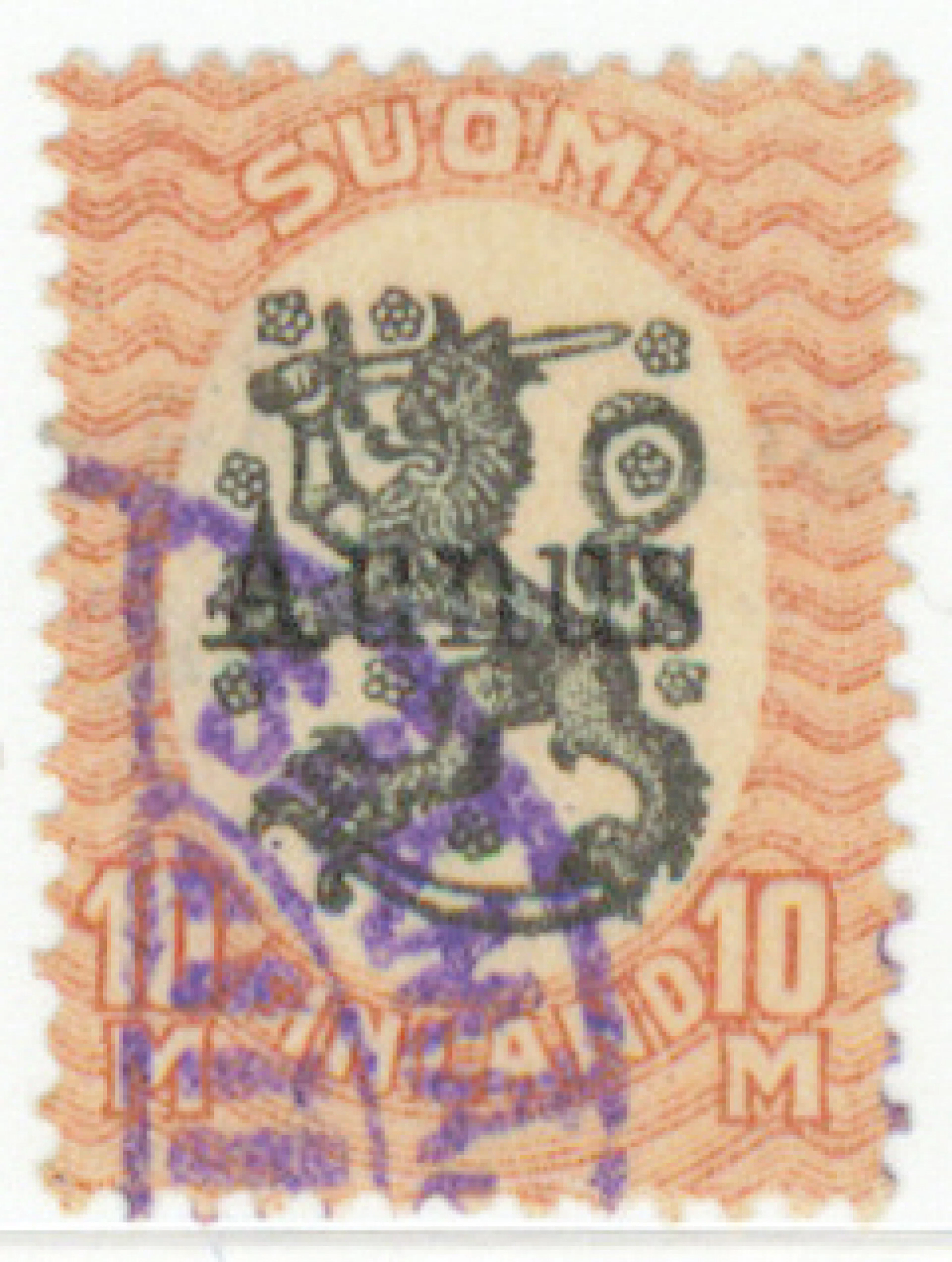 10 markka rare used with a violet Säämäjärvi Post Office cancellation.