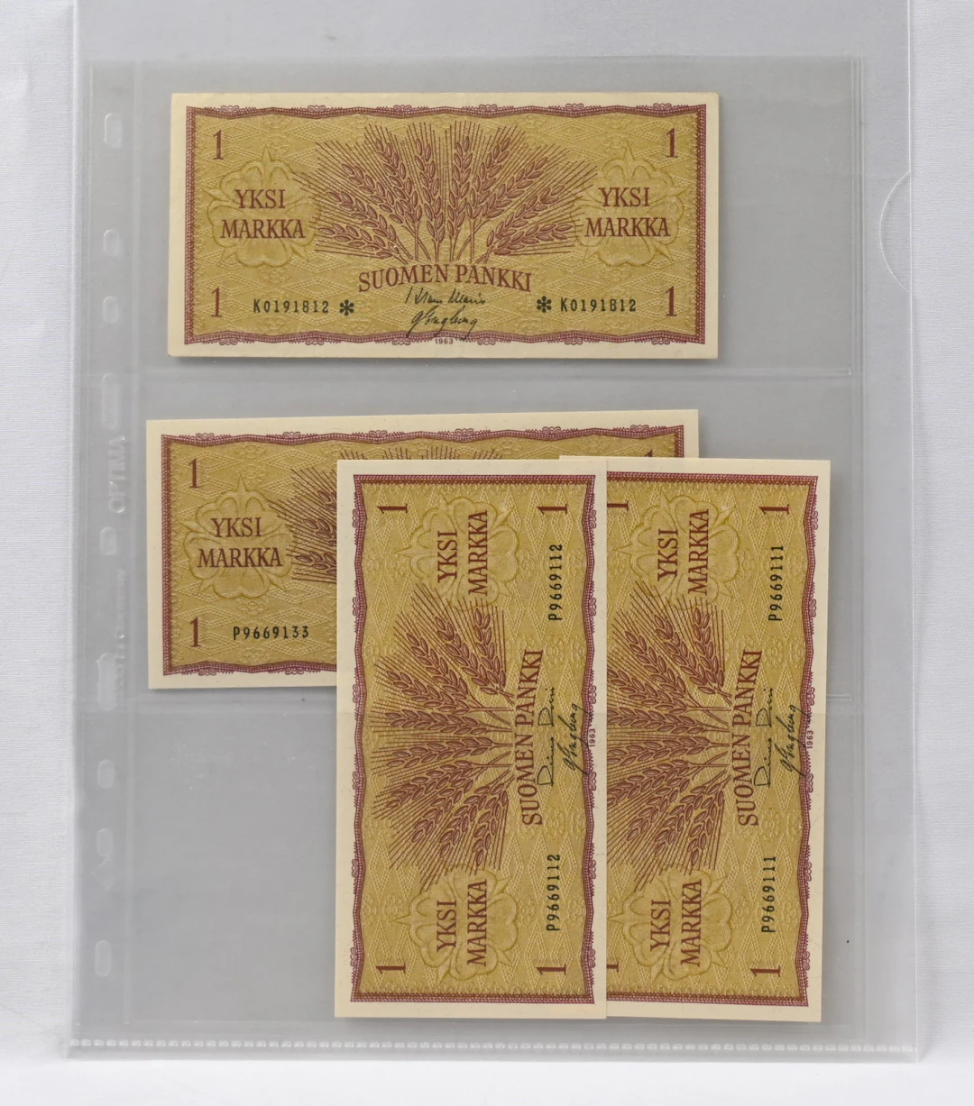 1963 1 markka four pieces: serie P signatures: ROS - Eng three pieces