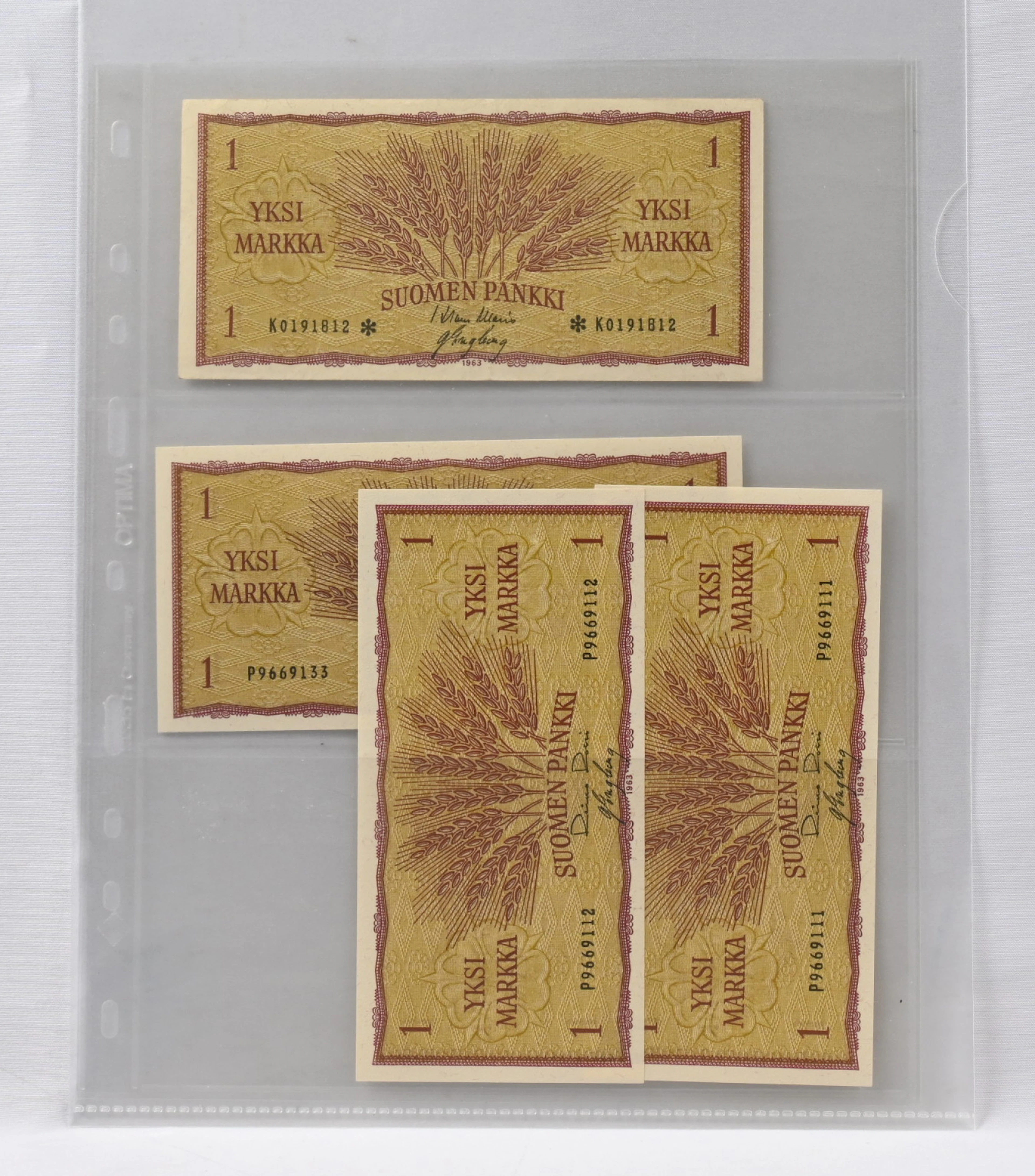 1963 1 markka four pieces: serie P signatures: ROS - Eng three pieces