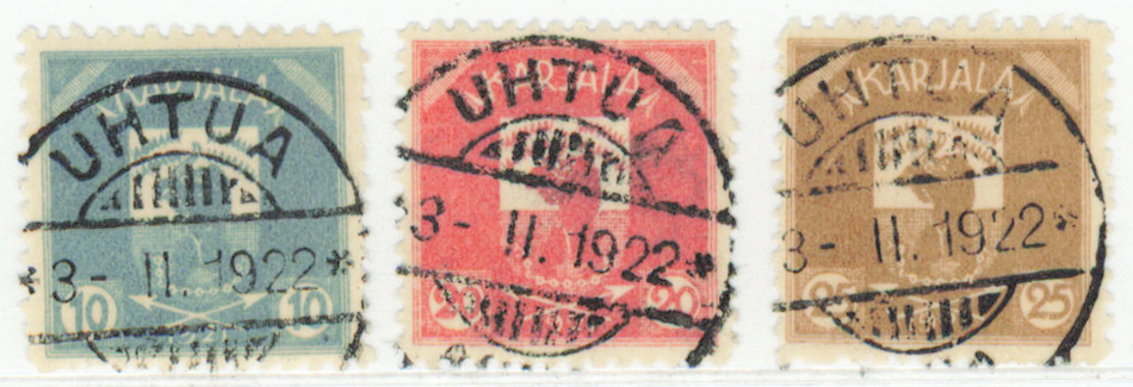 10 penni, 20 penni and 25 penni, very fine used stamps Uhtua 1922.