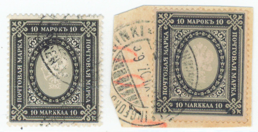 1901 10 markka fine used and 1902 10 markka on a fragment Helsinki