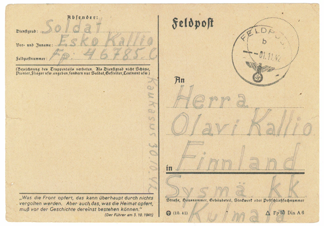 SS volunteer mail: card from a man in the battalion to Finland 1.11.1942