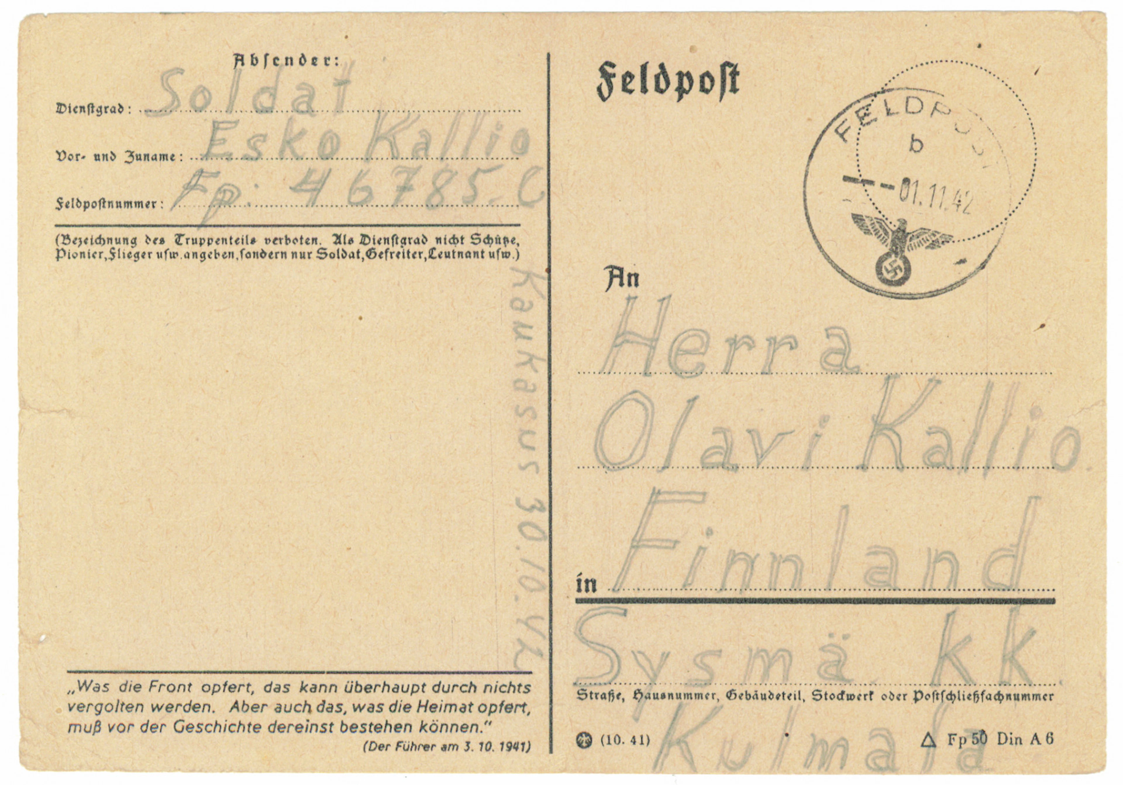 SS volunteer mail: card from a man in the battalion to Finland 1.11.1942