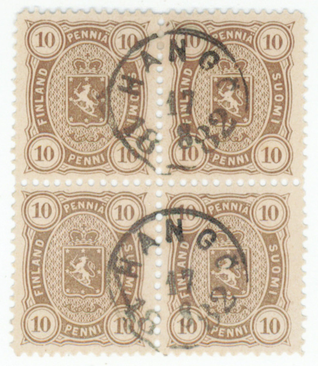 10 penni light olive-brown block of four, superb Hangö 17.8.1882.