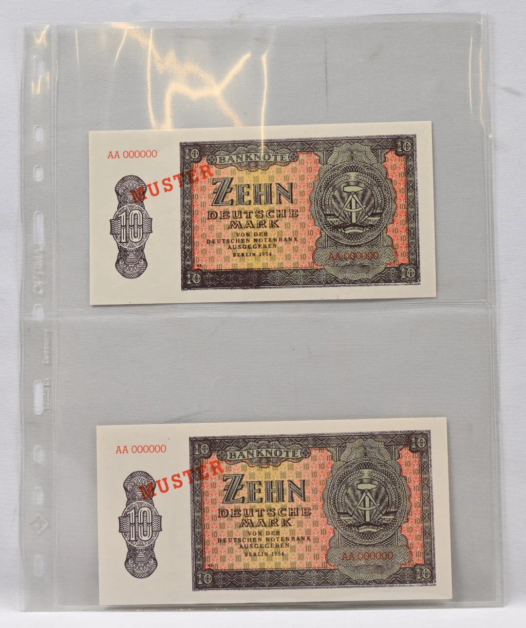 Germany, DDR 1955 10 DM two pieces numbered Specimen (Muster) banknotes.