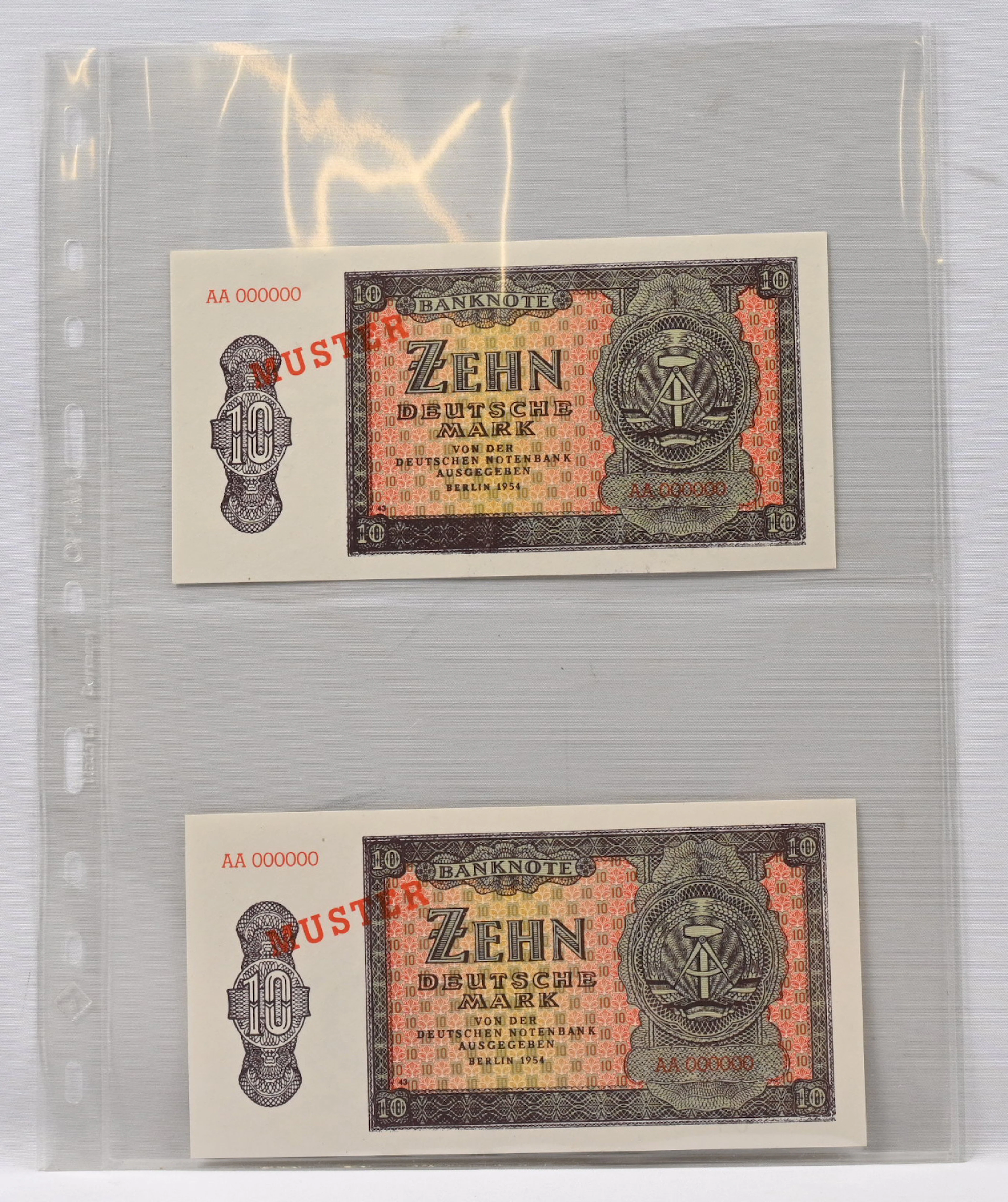 Germany, DDR 1955 10 DM two pieces numbered Specimen (Muster) banknotes.