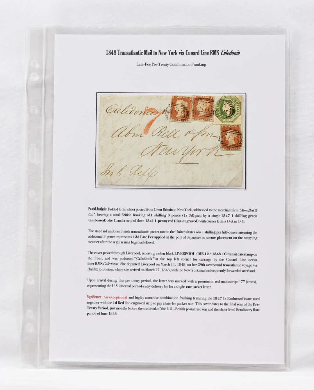 1848 letter to New York, franked with one 1 shilling stamp Mi 7 as