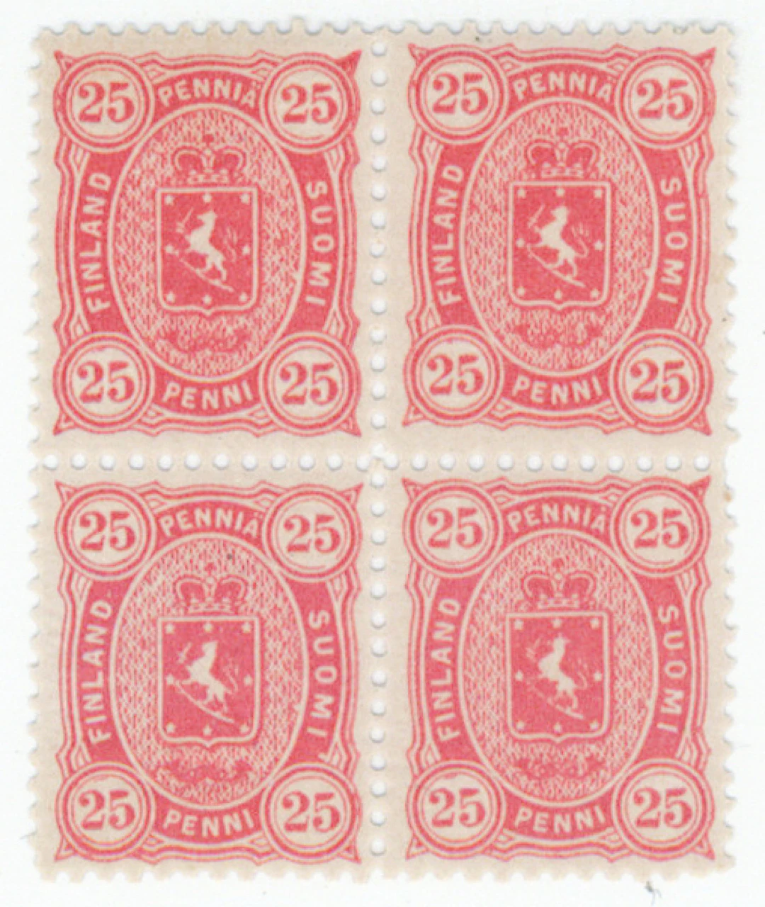 25 penni strong red, very fine mint ** block of four. (L 19LBg).
