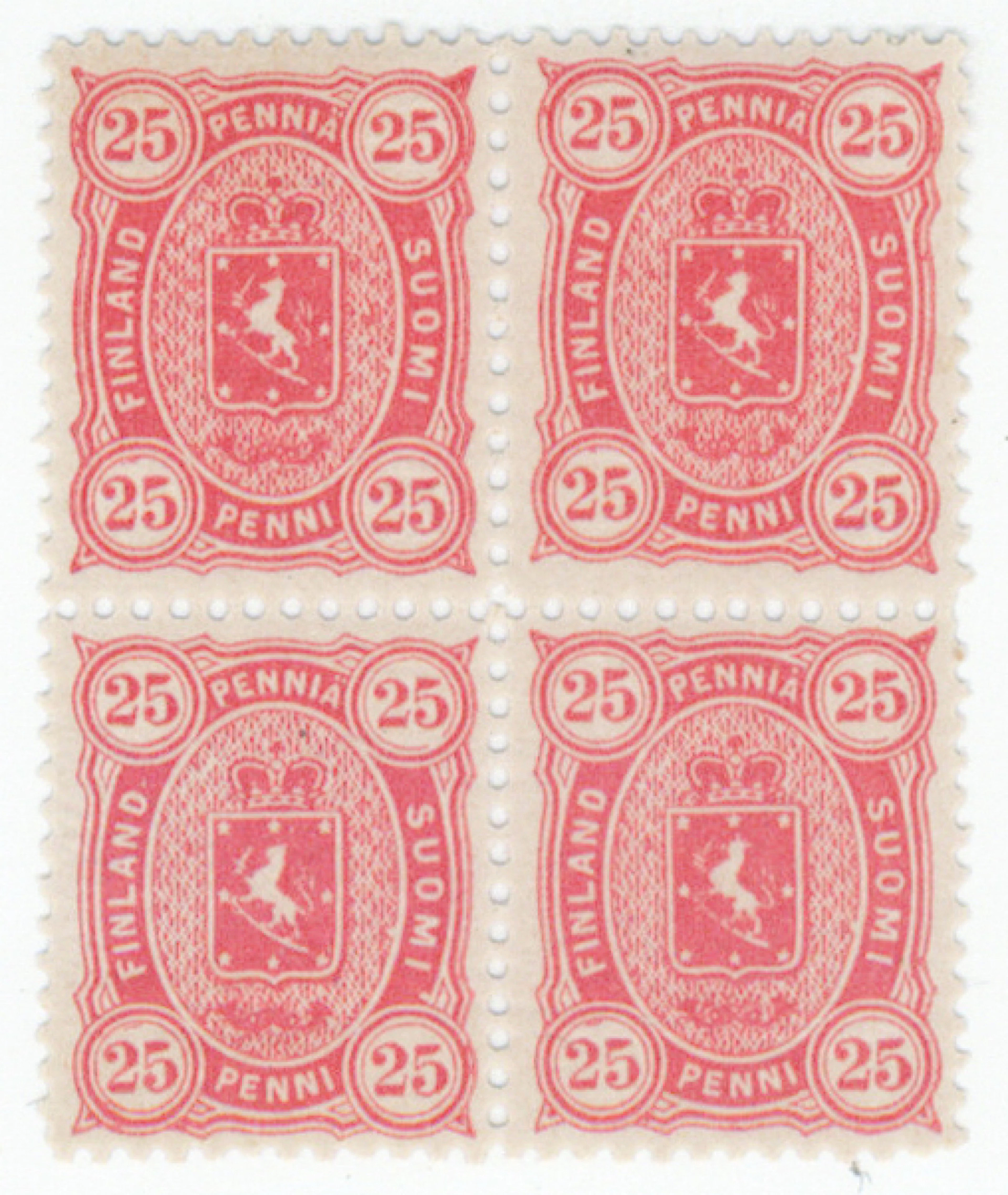 25 penni strong red, very fine mint ** block of four. (L 19LBg).