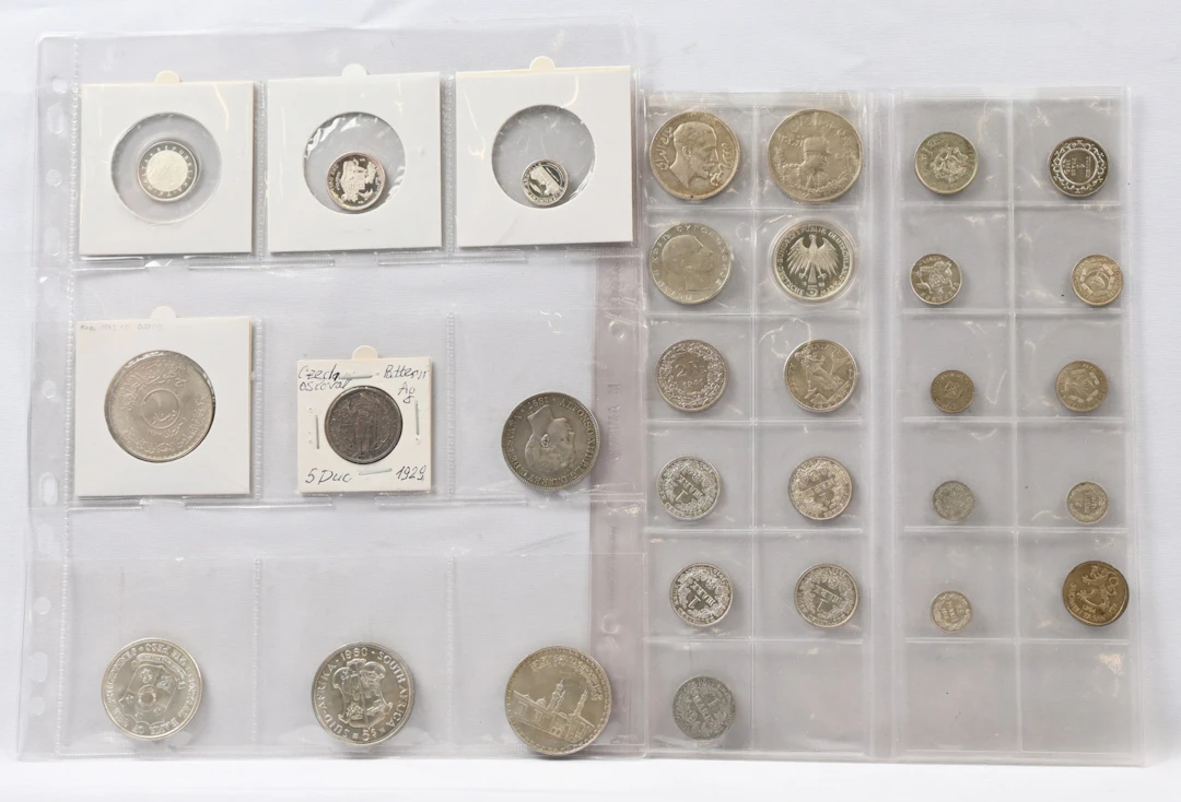 Selection 30 pieces of silver coins from different countries. Large