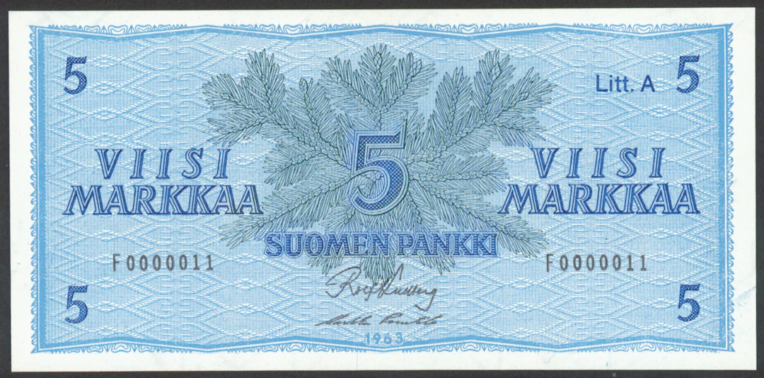 1963 5 markka Litt. A serial number F0000011, condition 0-.
