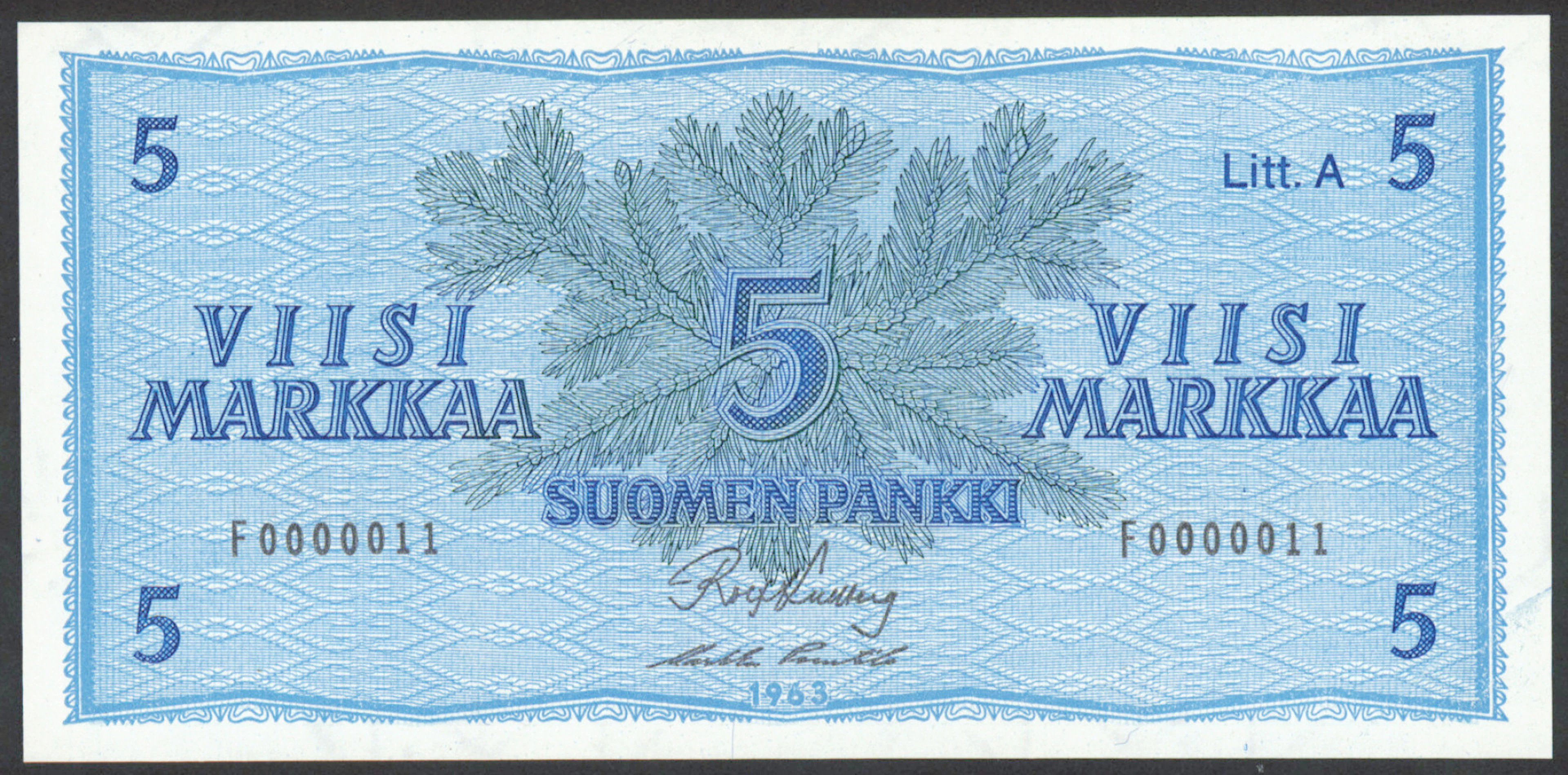 1963 5 markka Litt. A serial number F0000011, condition 0-.
