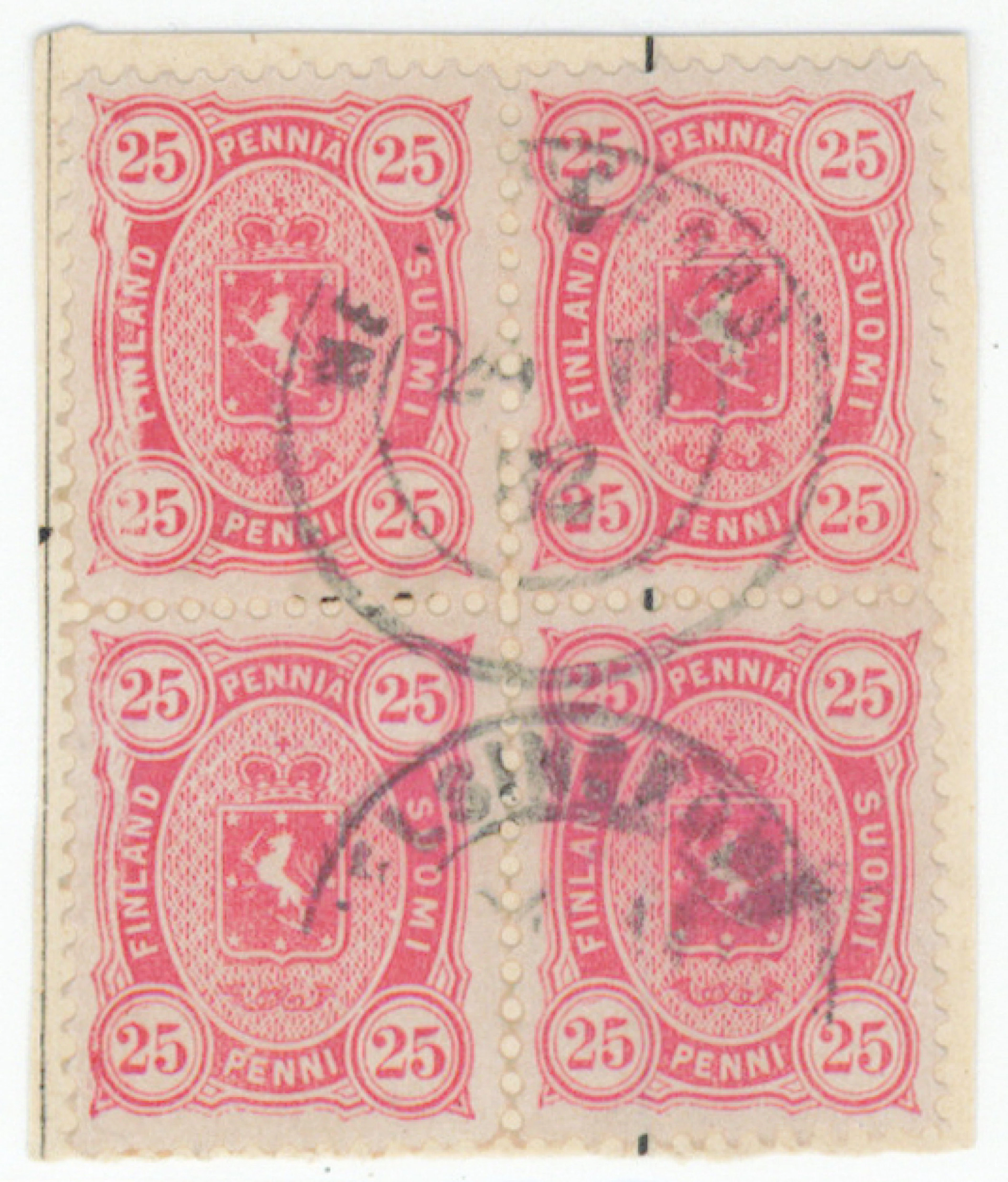 25 penni strong aniline-red block of four, Helsingfors 20.11.82. On