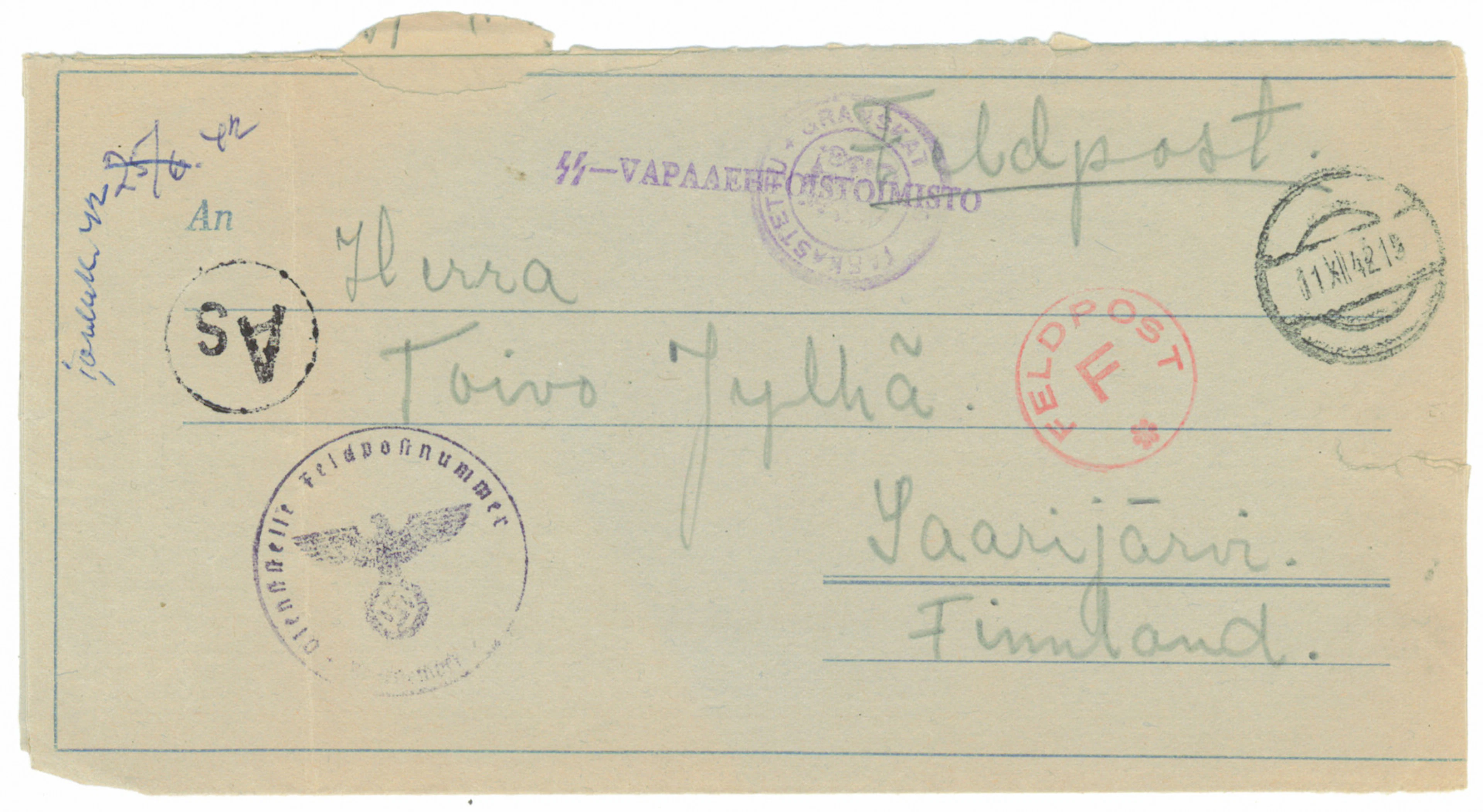 SS volunteer mail: letter from a man in the battalion to Finland 11.12.1942