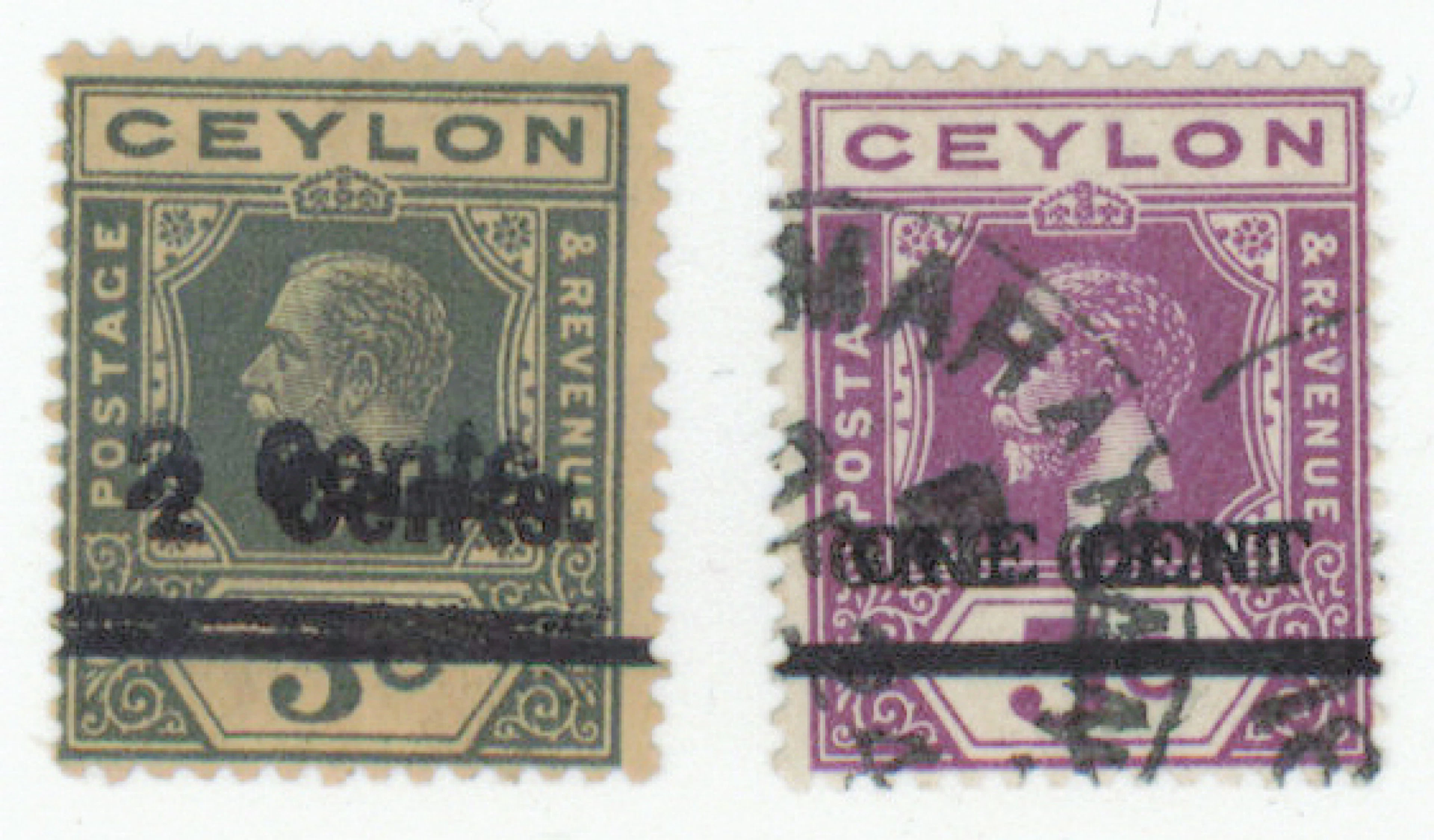 Ceylon, two overprint stamps Mi 180 and Mi 205 with a DOUBLE OVERPRINT.