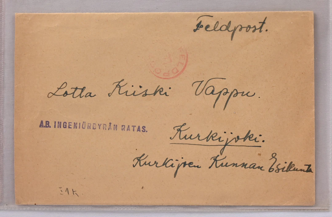 A.B. INGENIÖRBYRÅN RATAS on a cover to Kurkijoki. Sender at the address