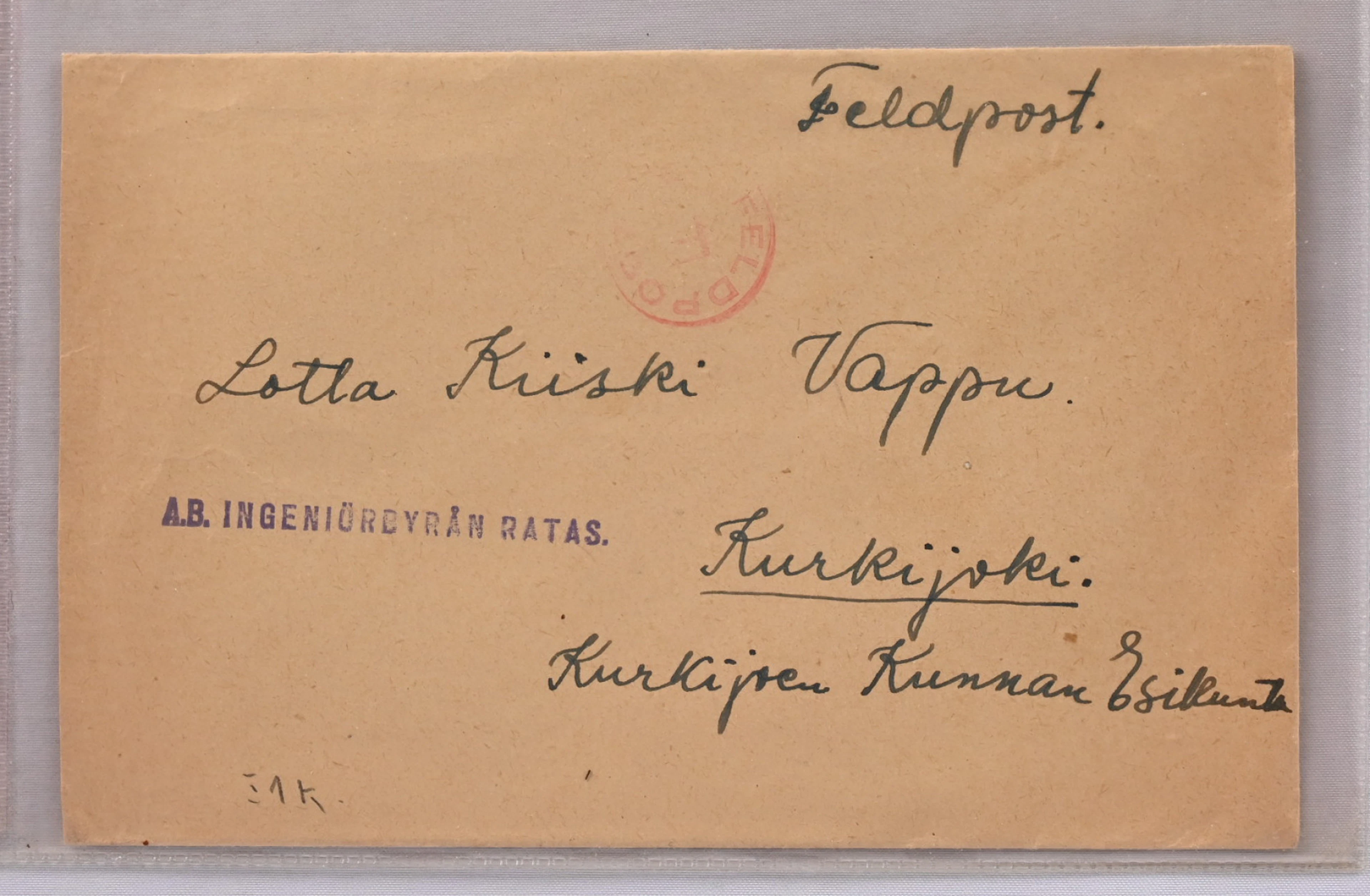 A.B. INGENIÖRBYRÅN RATAS on a cover to Kurkijoki. Sender at the address
