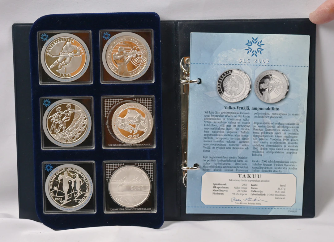 Olympics 2002 - 2006, six fine, large silver coins as proof quality.