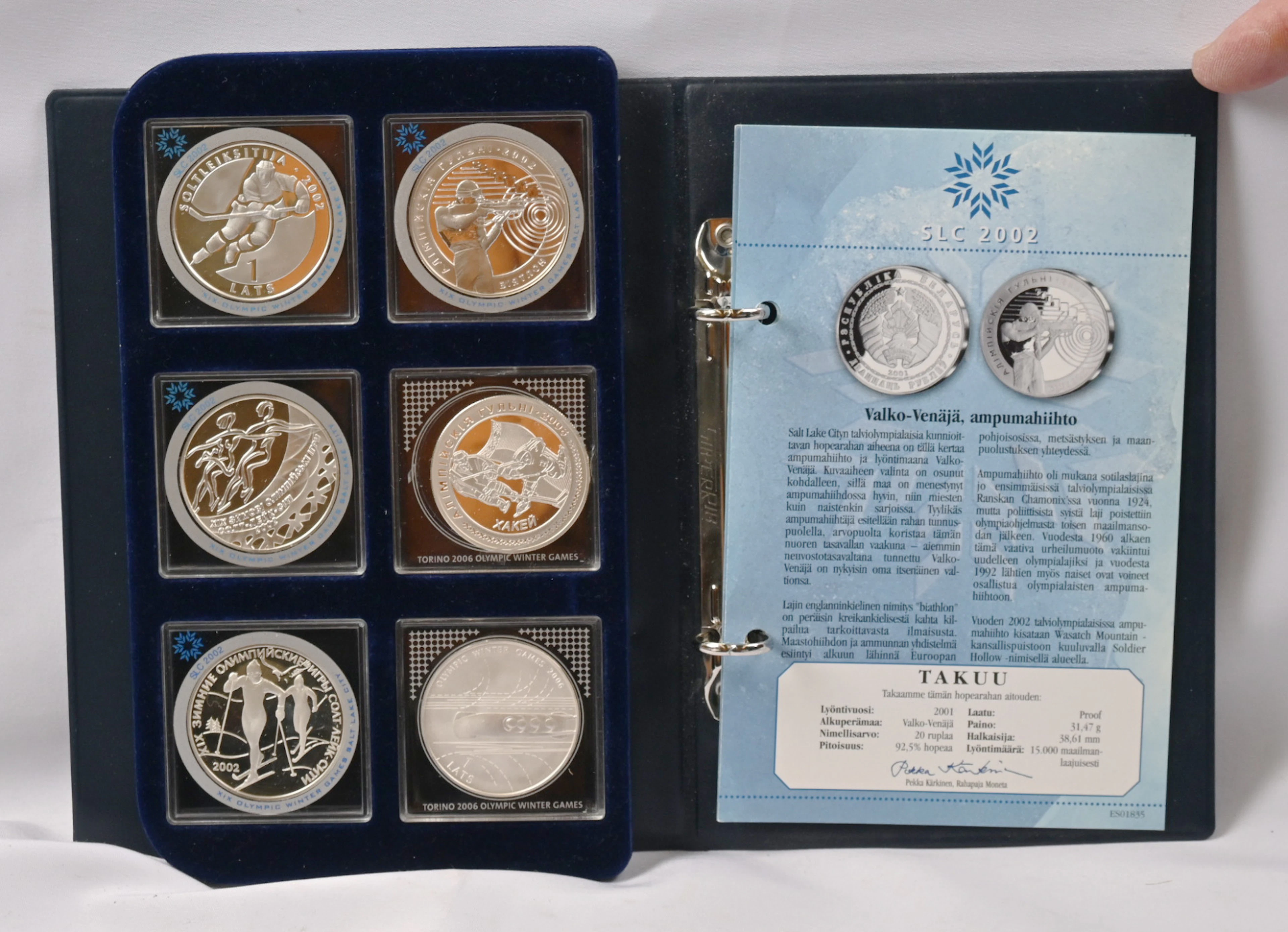Olympics 2002 - 2006, six fine, large silver coins as proof quality.