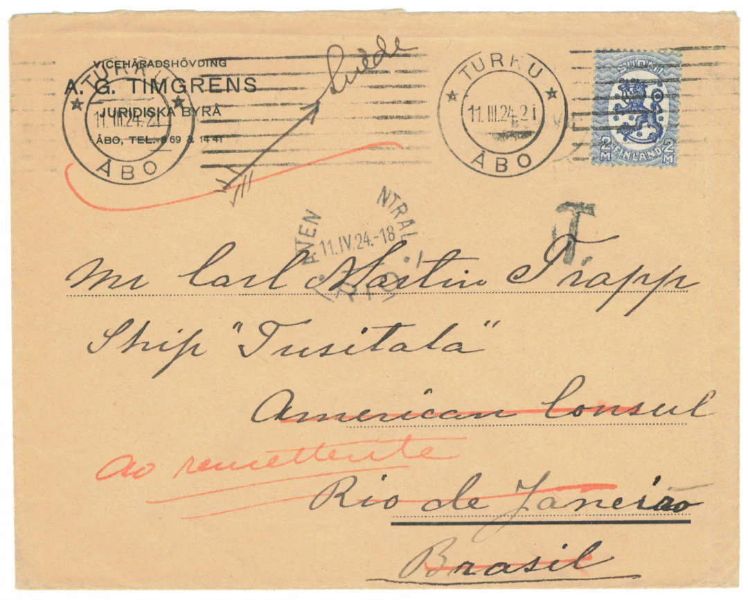 2 markka blue on a cover to a ship to Brazil Turku 11.3.1924, arrived