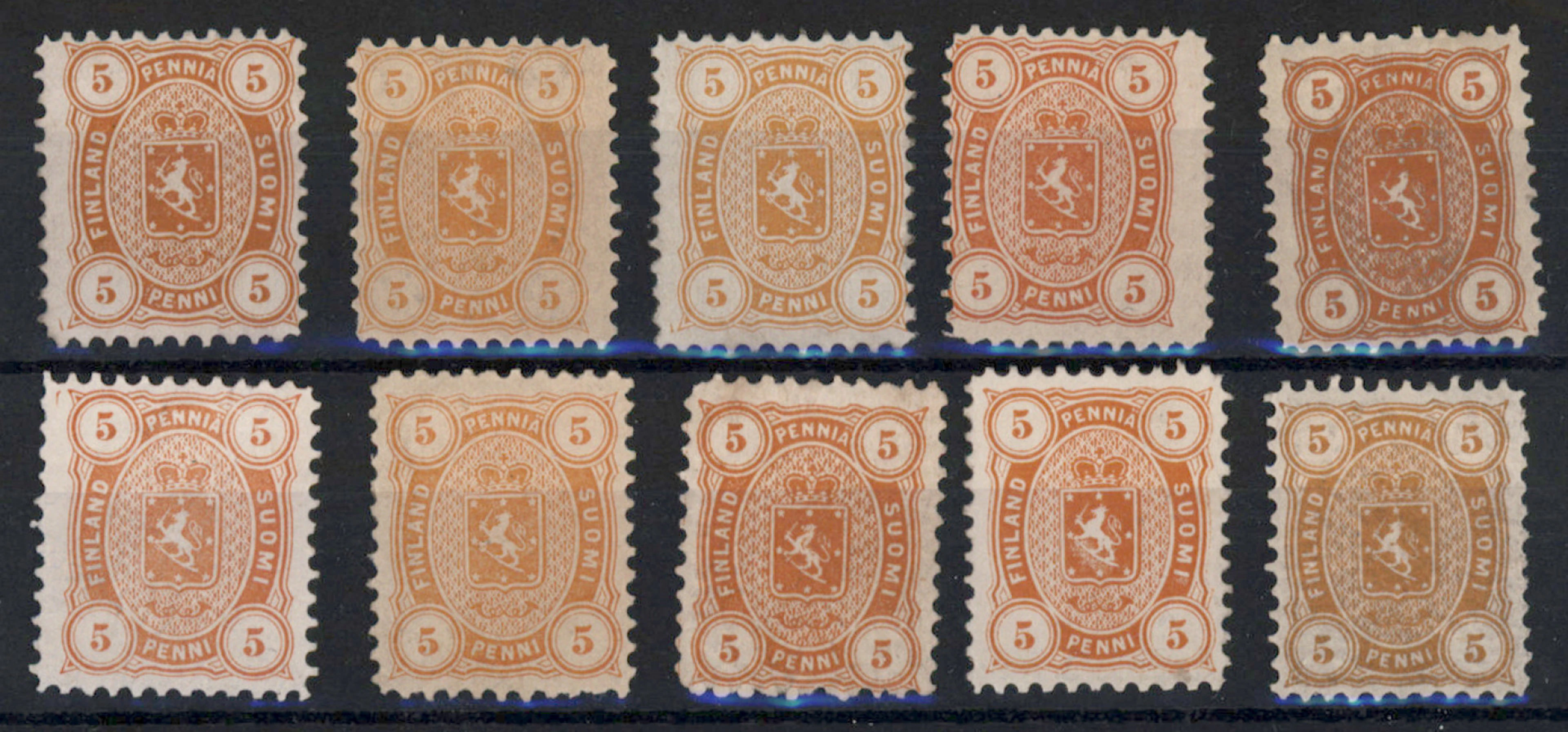 5 penni fine selection of 10 mint * stamps including eg. different shades.
