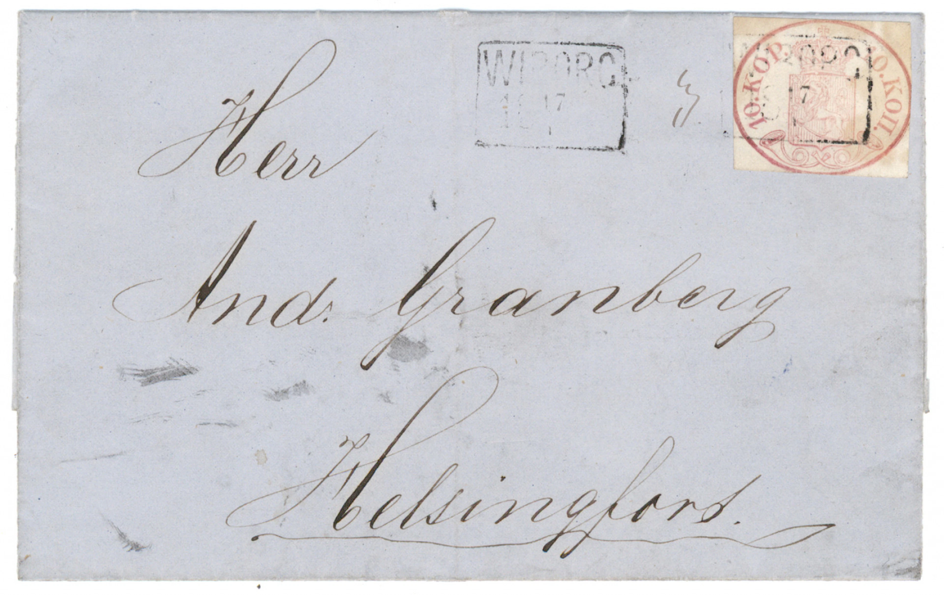10 kop rose, narrow margins, on a letter with a Wiborg cancellation