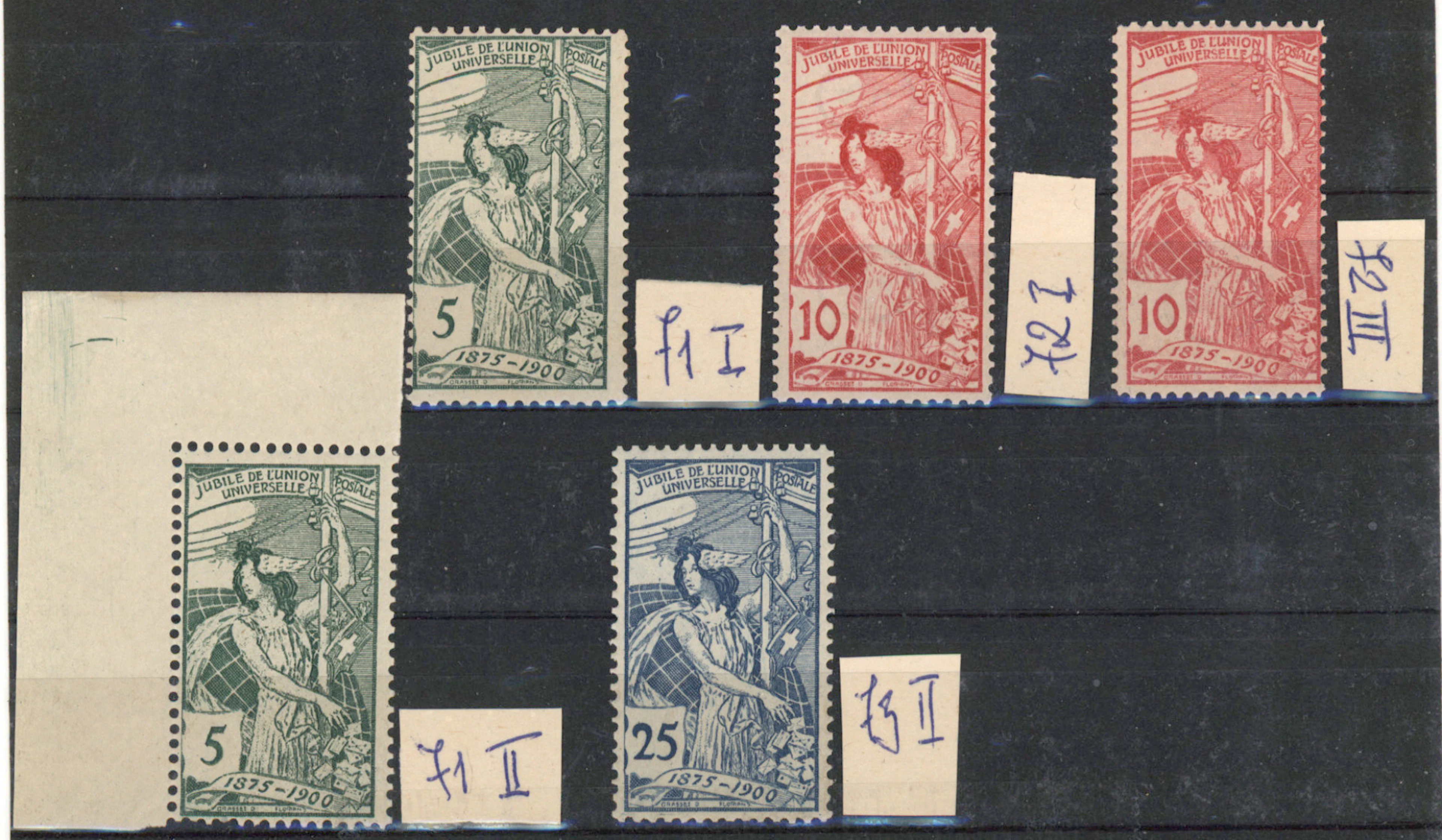 1900 UPU Mi 71-73, five typed very fine mint ** stamps, catalogue