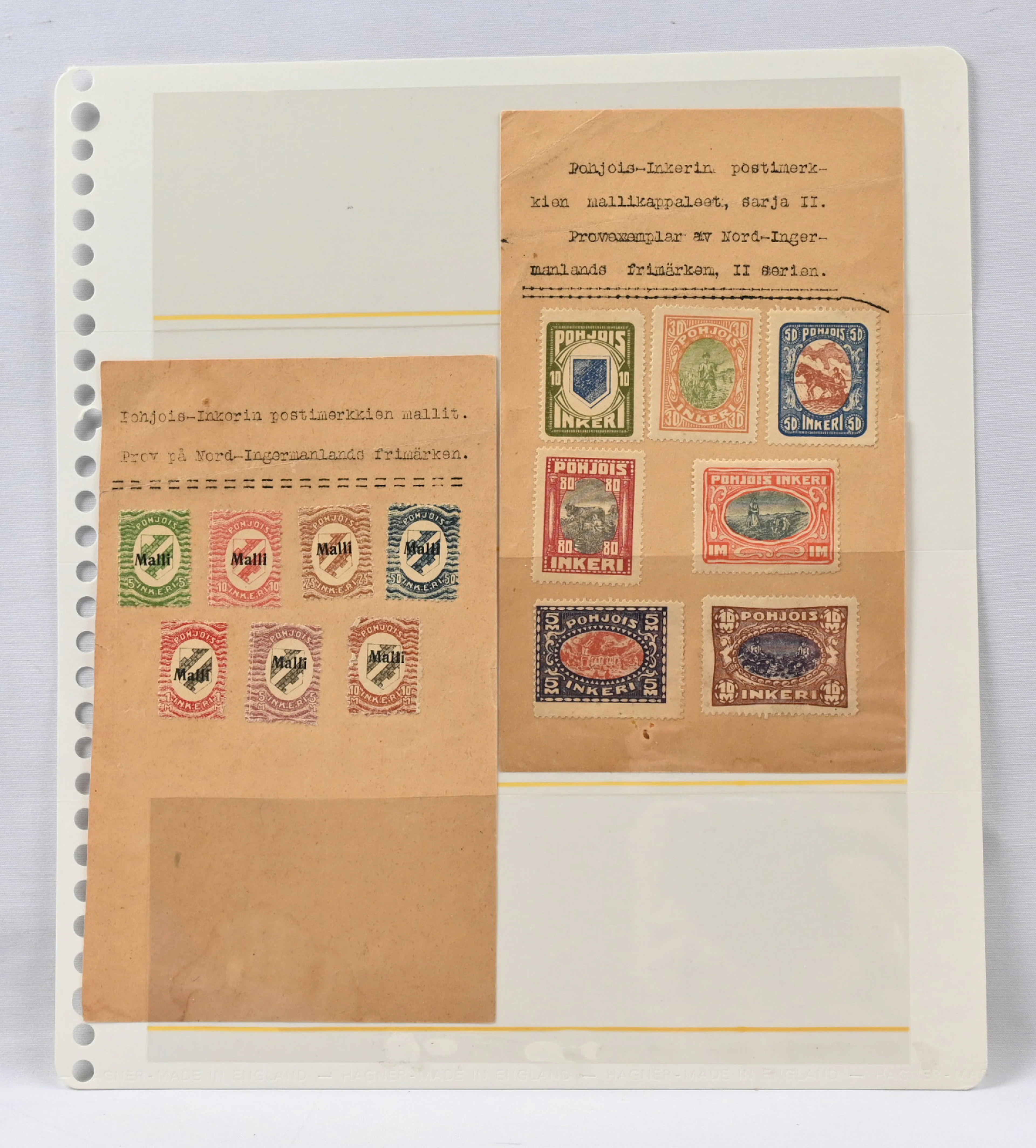 I set with Malli overprint, on a presentation sheet and II set on