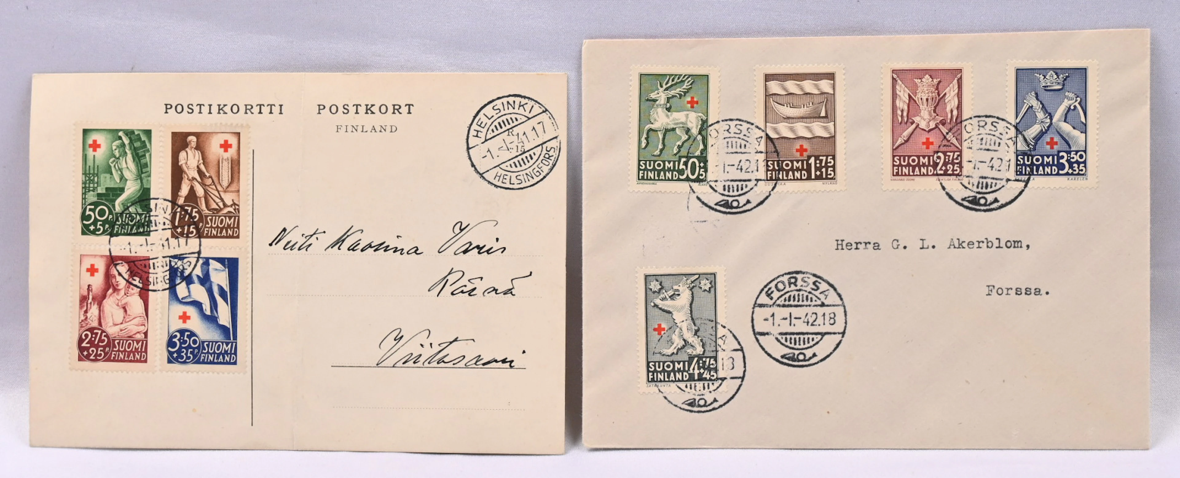 1941 and 1942 Red Cross sets 1.1.1941 (crease) and Forssa 1.1.1942.
