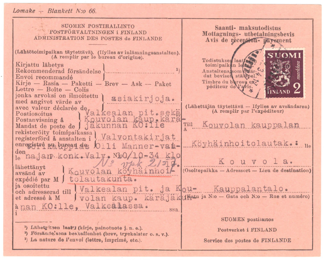 2 markka violet on a rare receipt of acknowledge (form nr. 66), beautiful