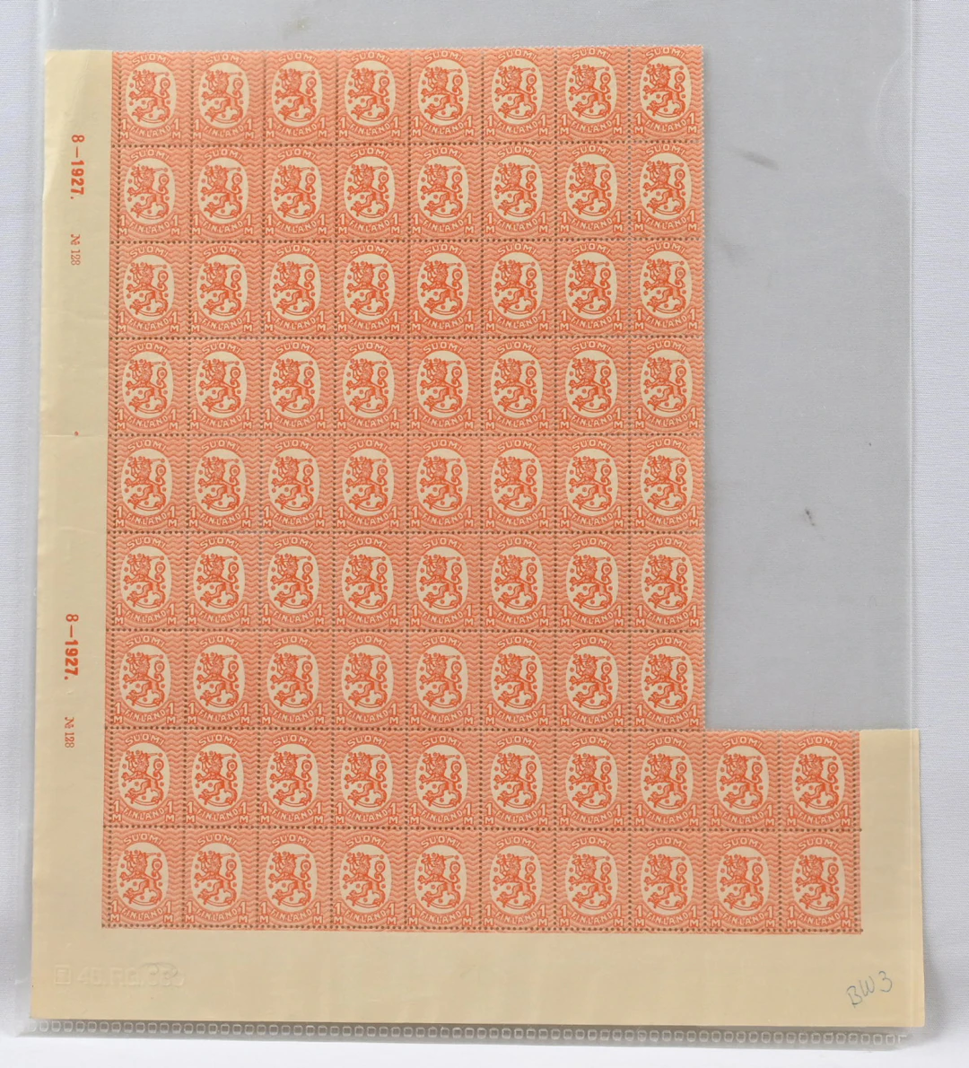 1 markka BW3 large sheet part of 76 very fine mint ** stamps (L. 130BW3a
